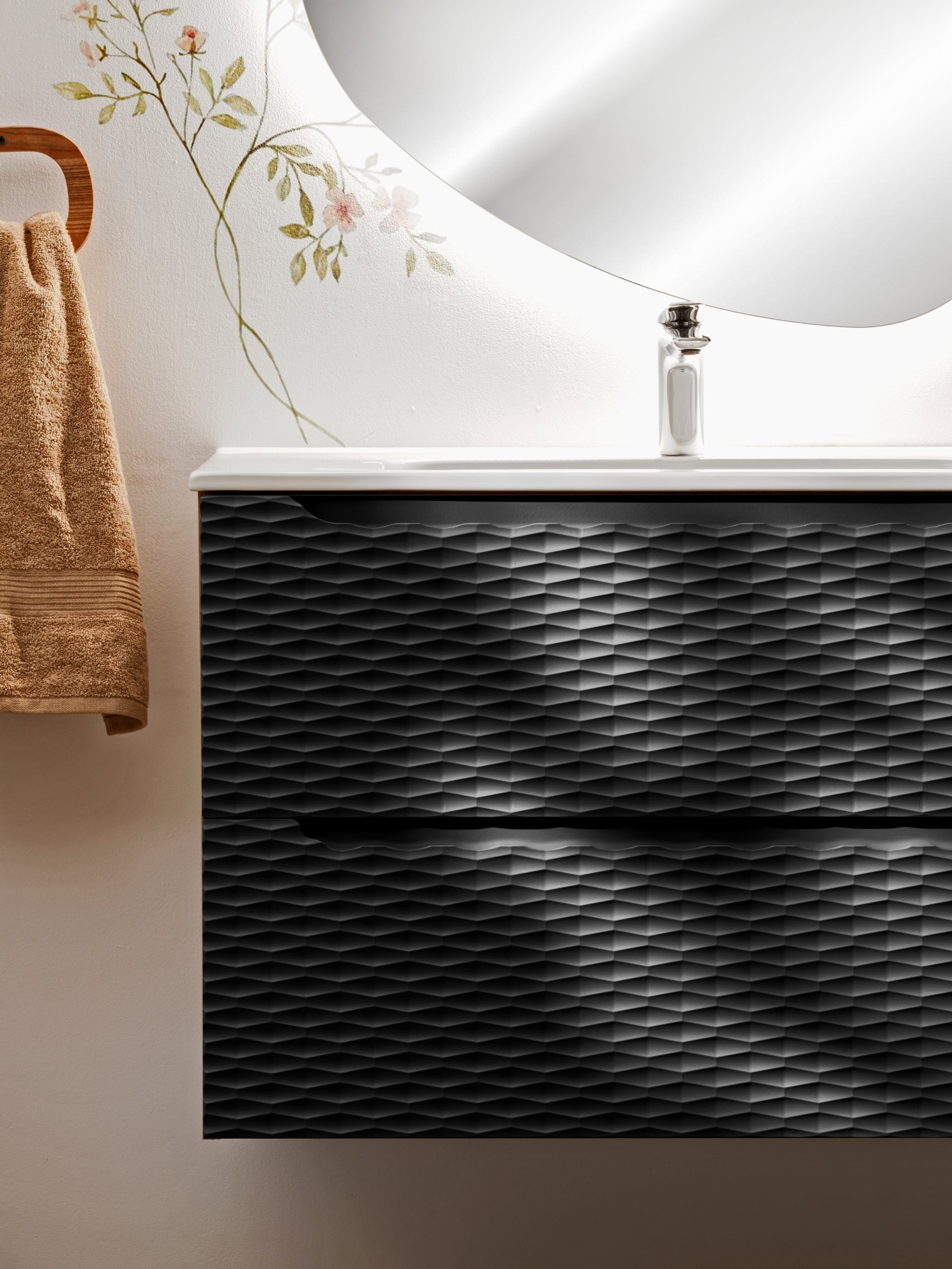 Ocean Unterschrank für Waschbecken, 120 cm, 2 Schubladen Schwarz Matt, Geölte Eiche