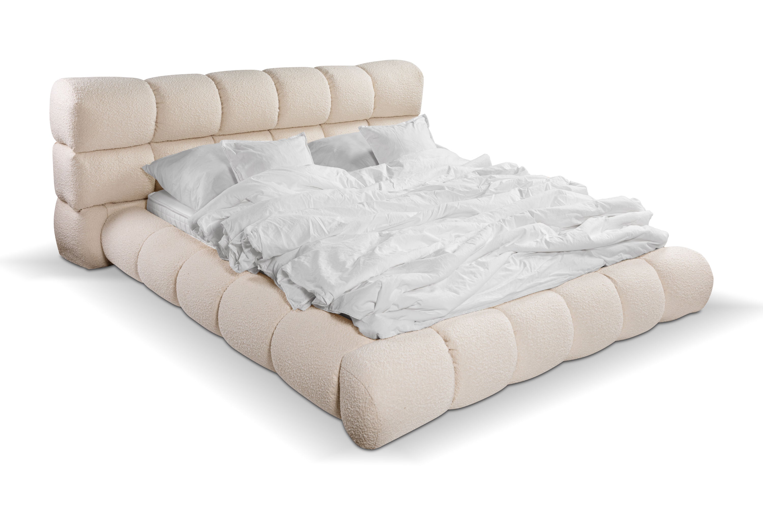 Slow Bett – Design Bouclé Polsterbett in Creme-Weiß