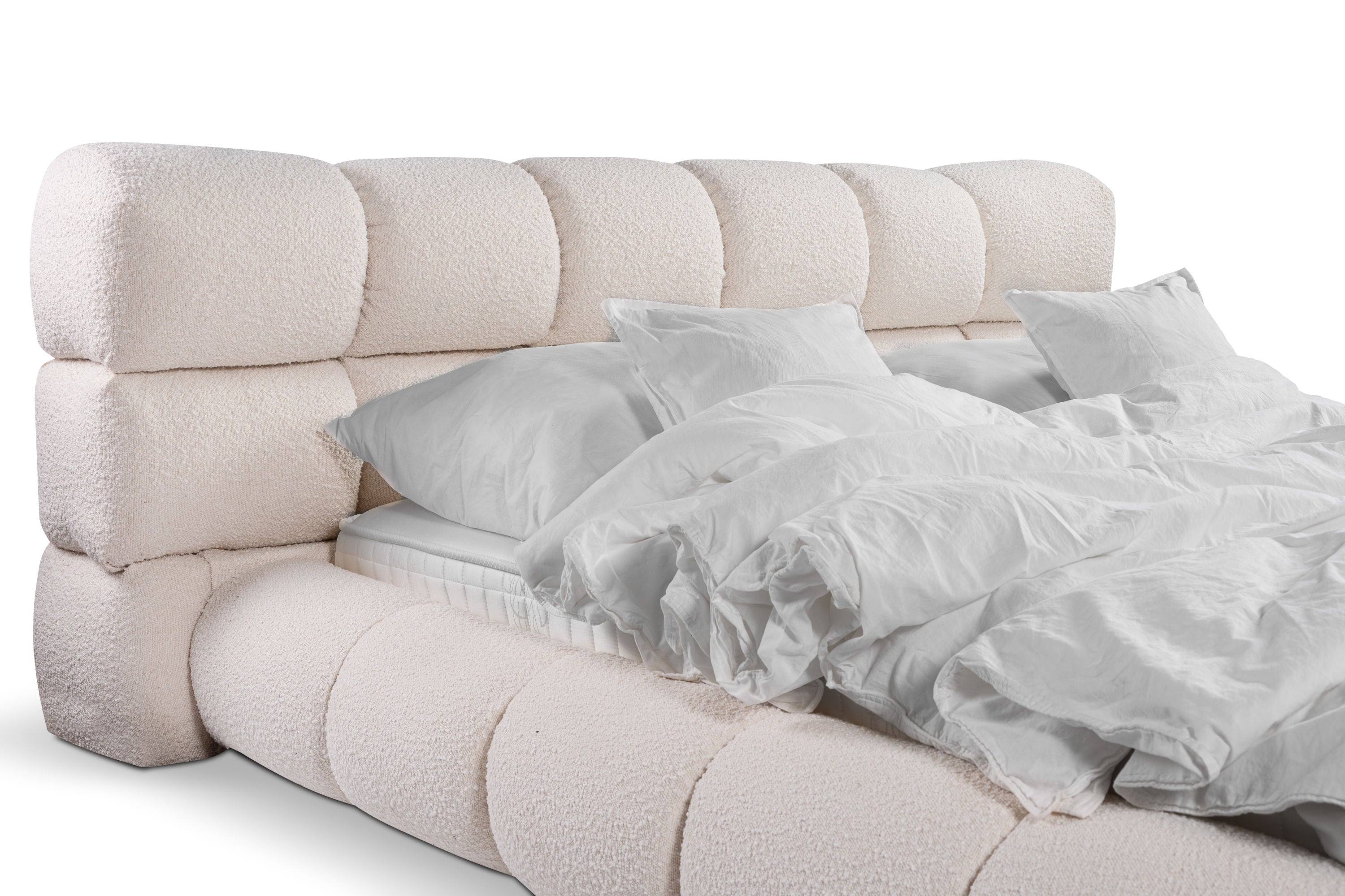 Slow Bett – Design Bouclé Polsterbett in Creme-Weiß