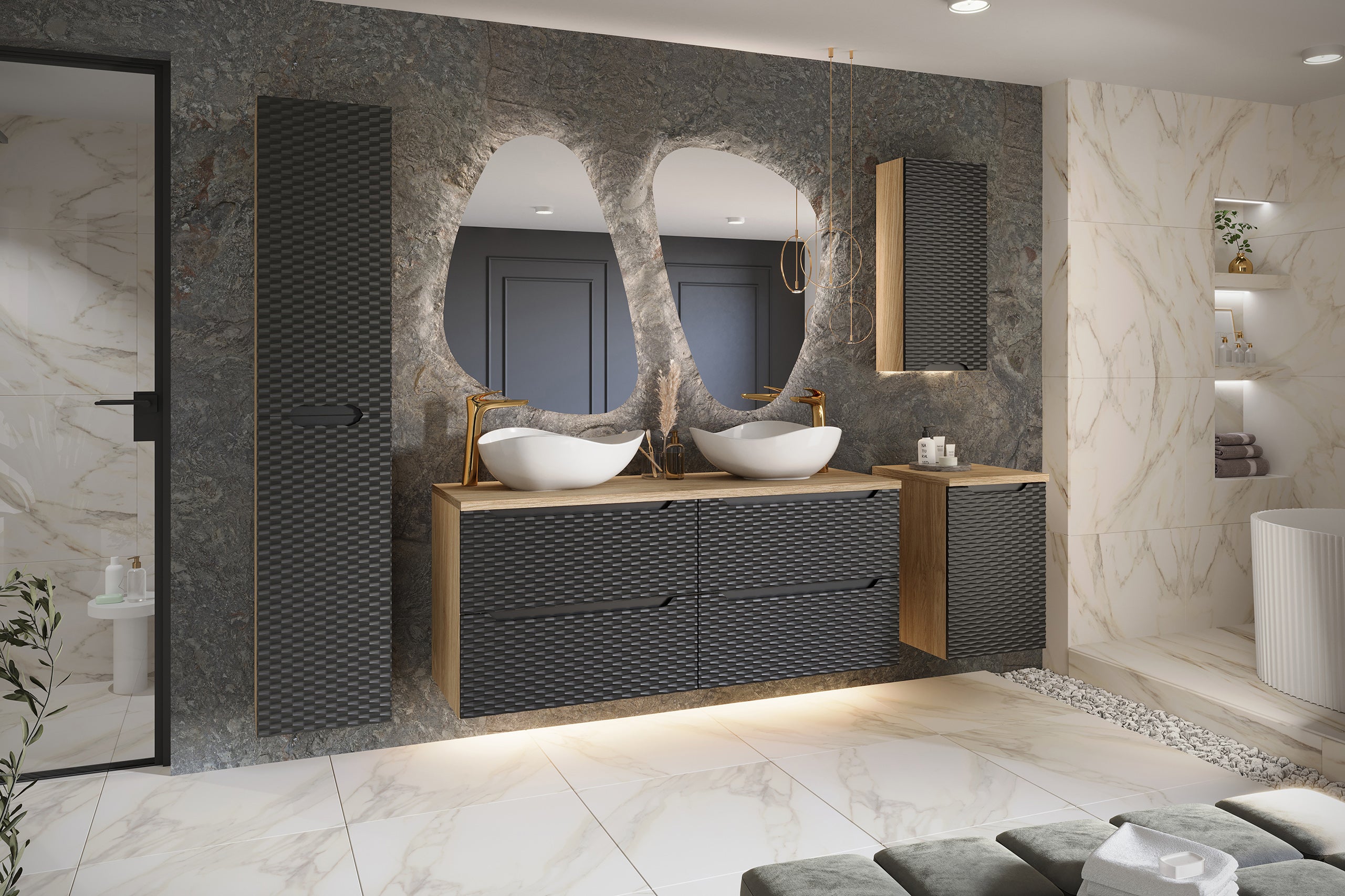 Ocean Hochschrank mit 2 Türen Schwarz Matt, Geölte Eiche