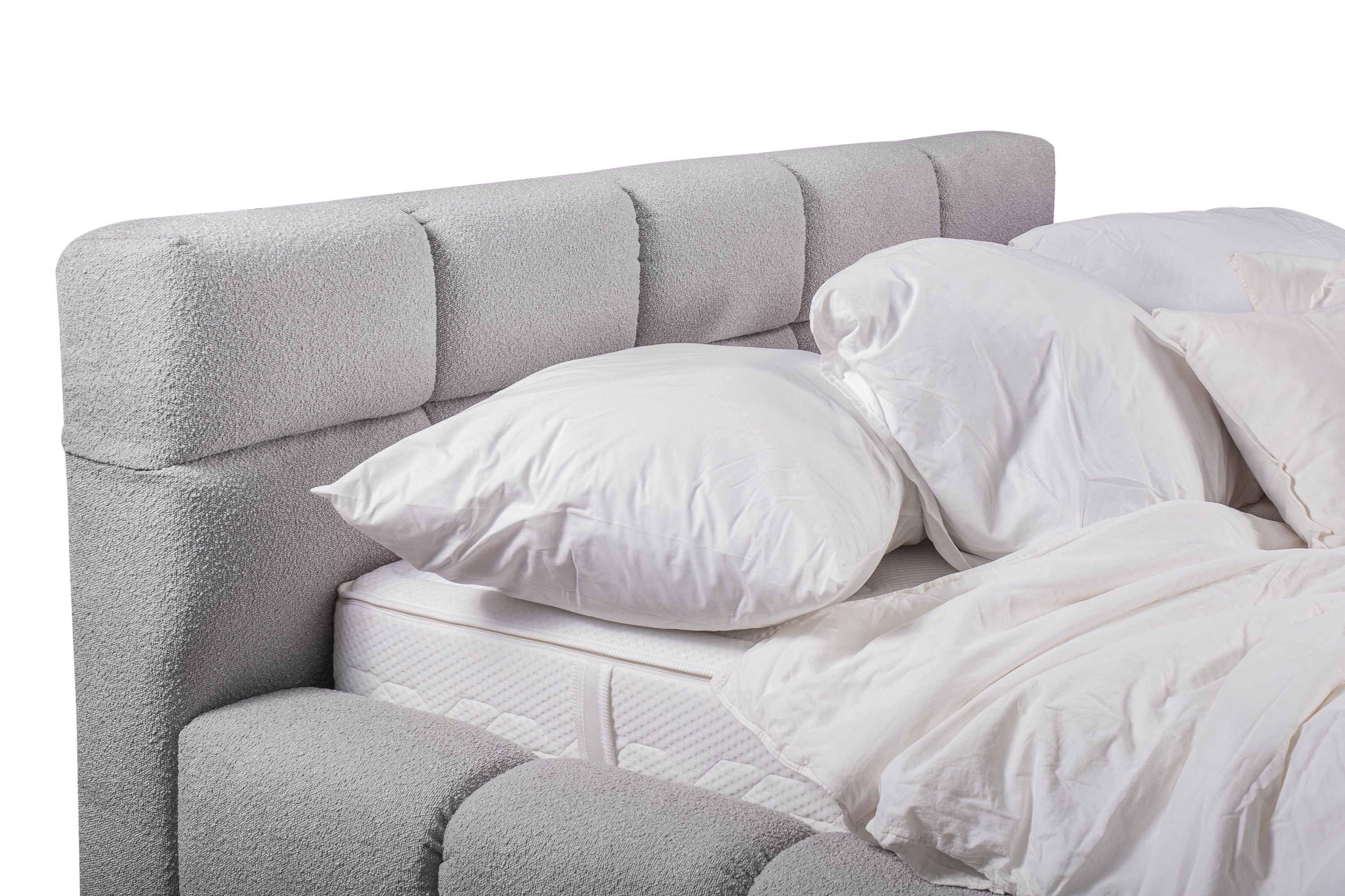 Baloo Lux III – Design Bouclé Polsterbett mit Stauraum