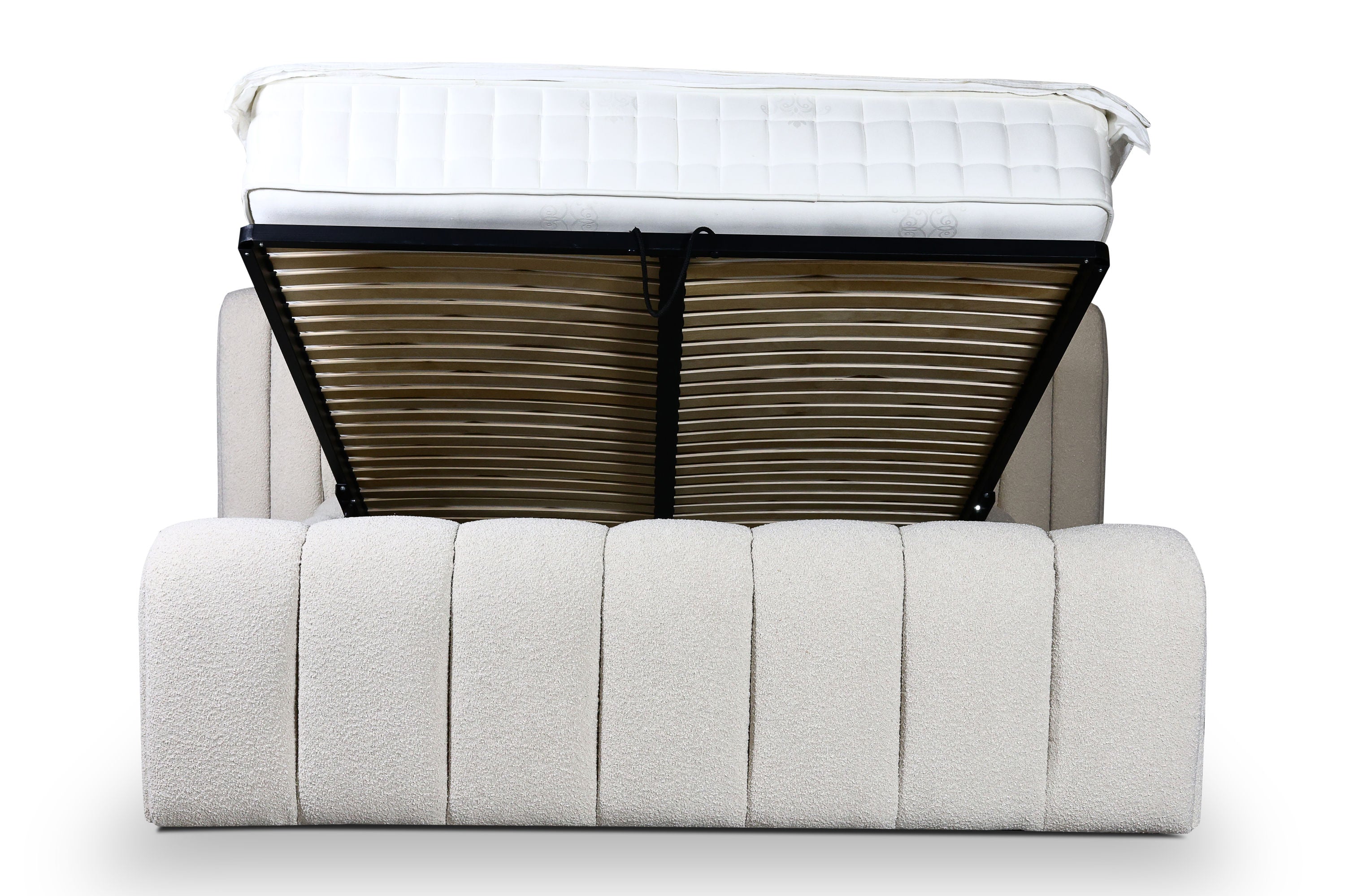 Bado Bett – Design Bouclé Polsterbett mit Stauraum in Creme-Weiß
