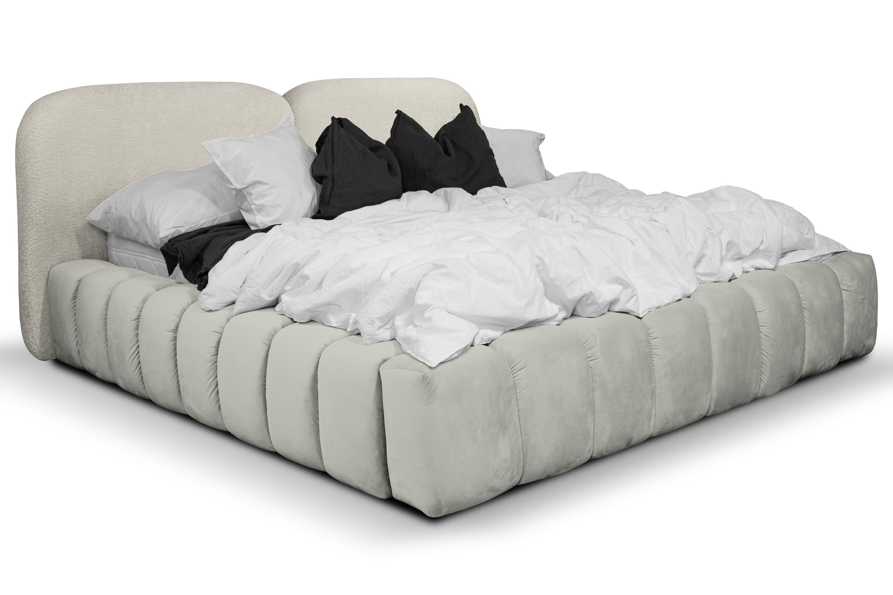 Kimi Bett – Design Polsterbett mit Stauraum in Lichtgrau