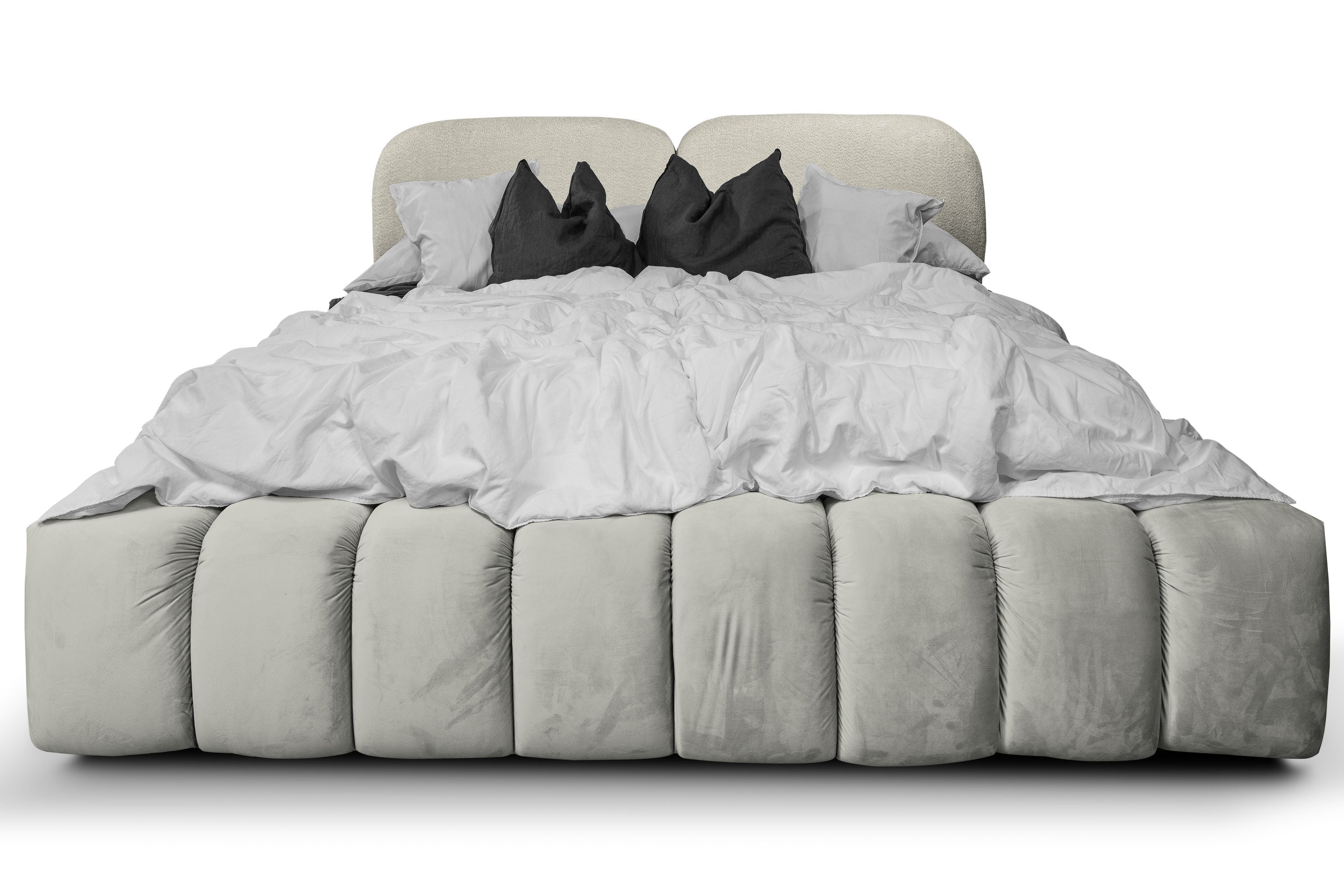 Kimi Bett – Design Polsterbett mit Stauraum in Lichtgrau