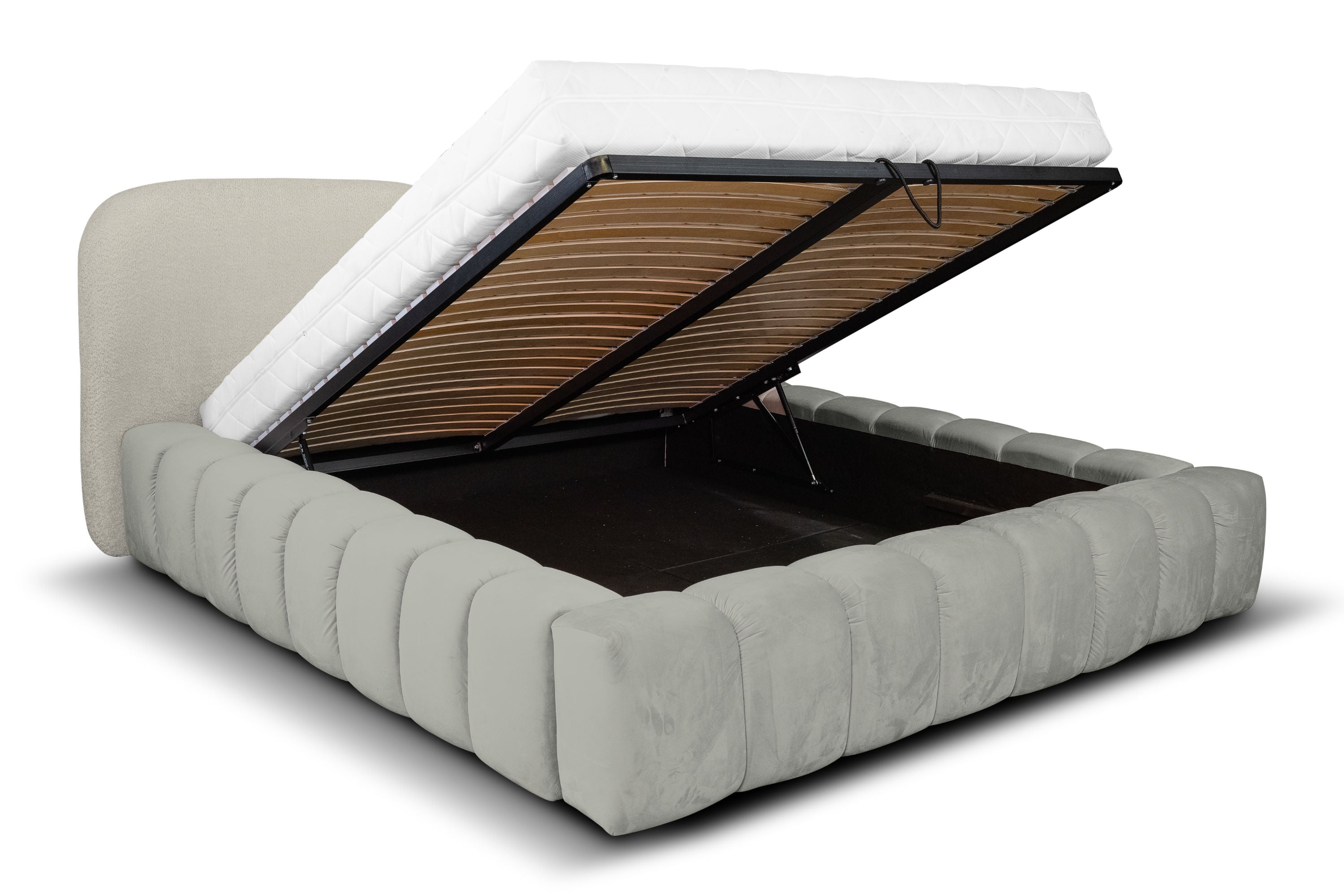 Kimi Bett – Design Polsterbett mit Stauraum in Lichtgrau