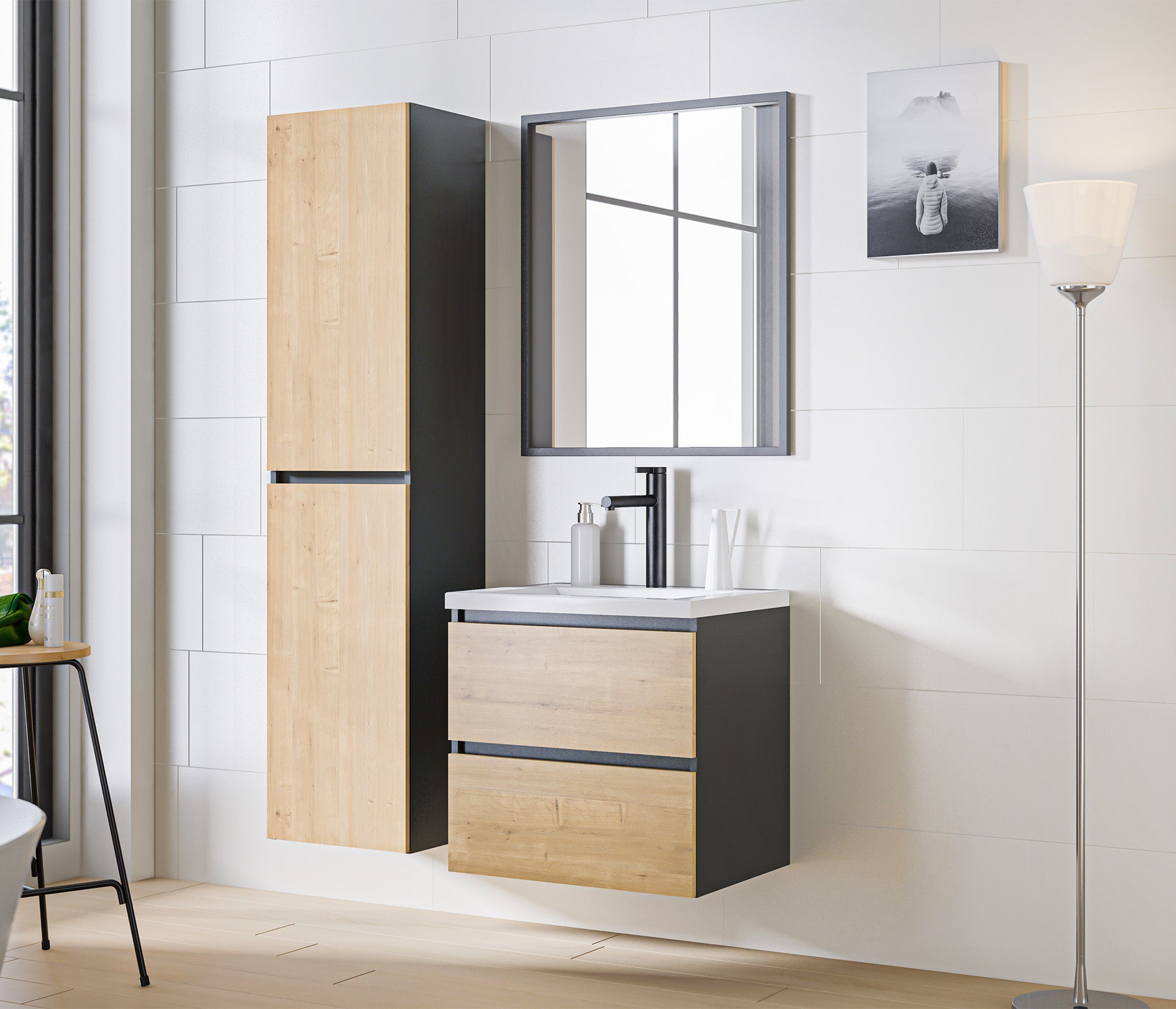 Monako Waschbeckenunterschrank 60 cm 2 Schubladen Diamantgrau, Hamilton-Eiche