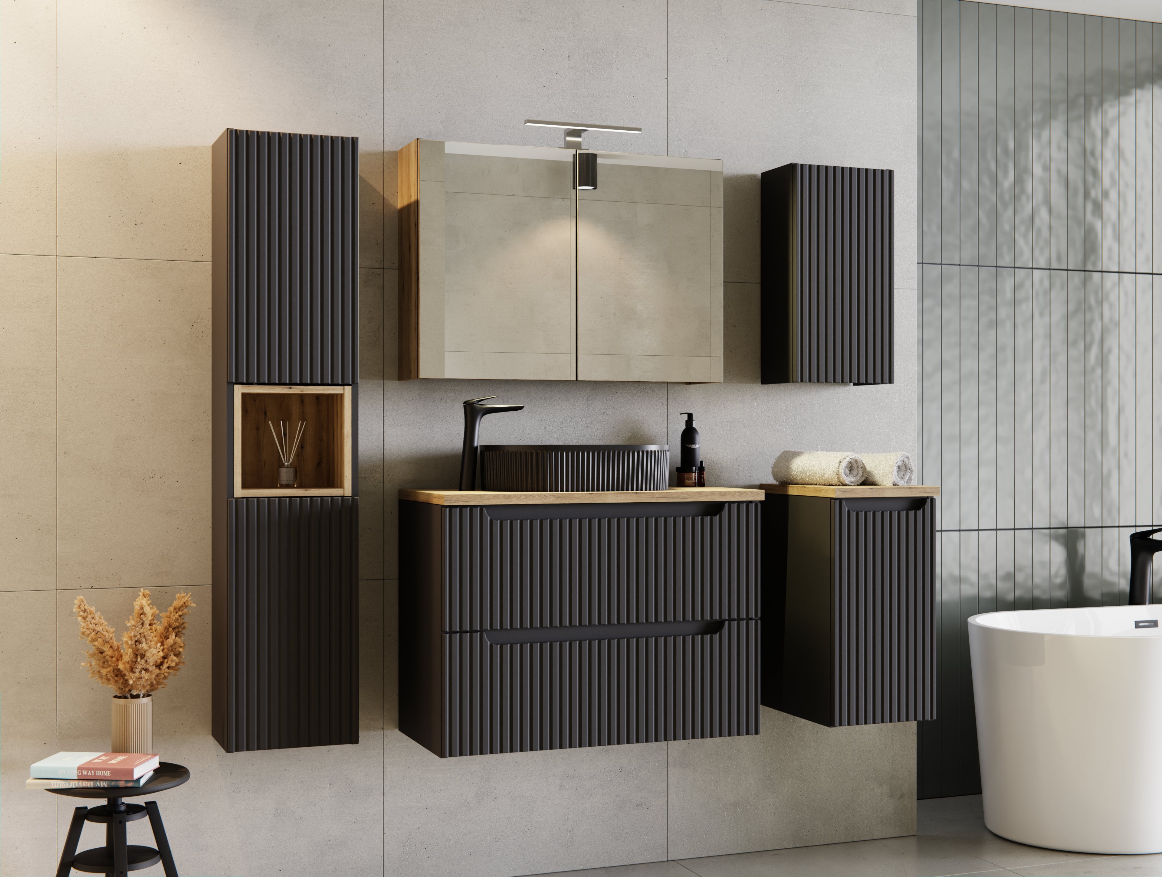 Nova Unterschrank für Waschbecken, 80 cm, 2 Schubladen Schwarz Matt