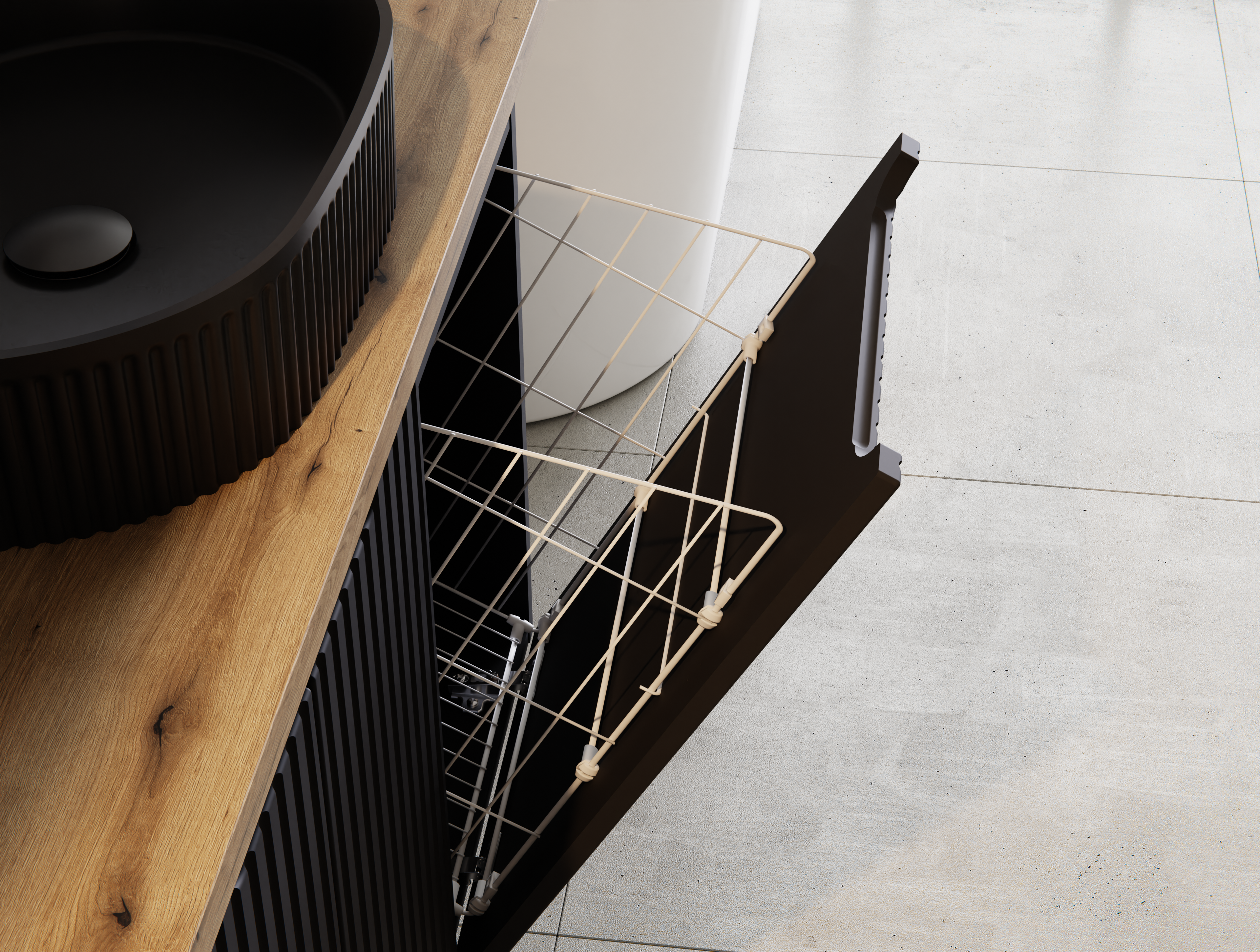 Nova Seitenschrank 40 cm mit Wäschekorb Schwarz Matt