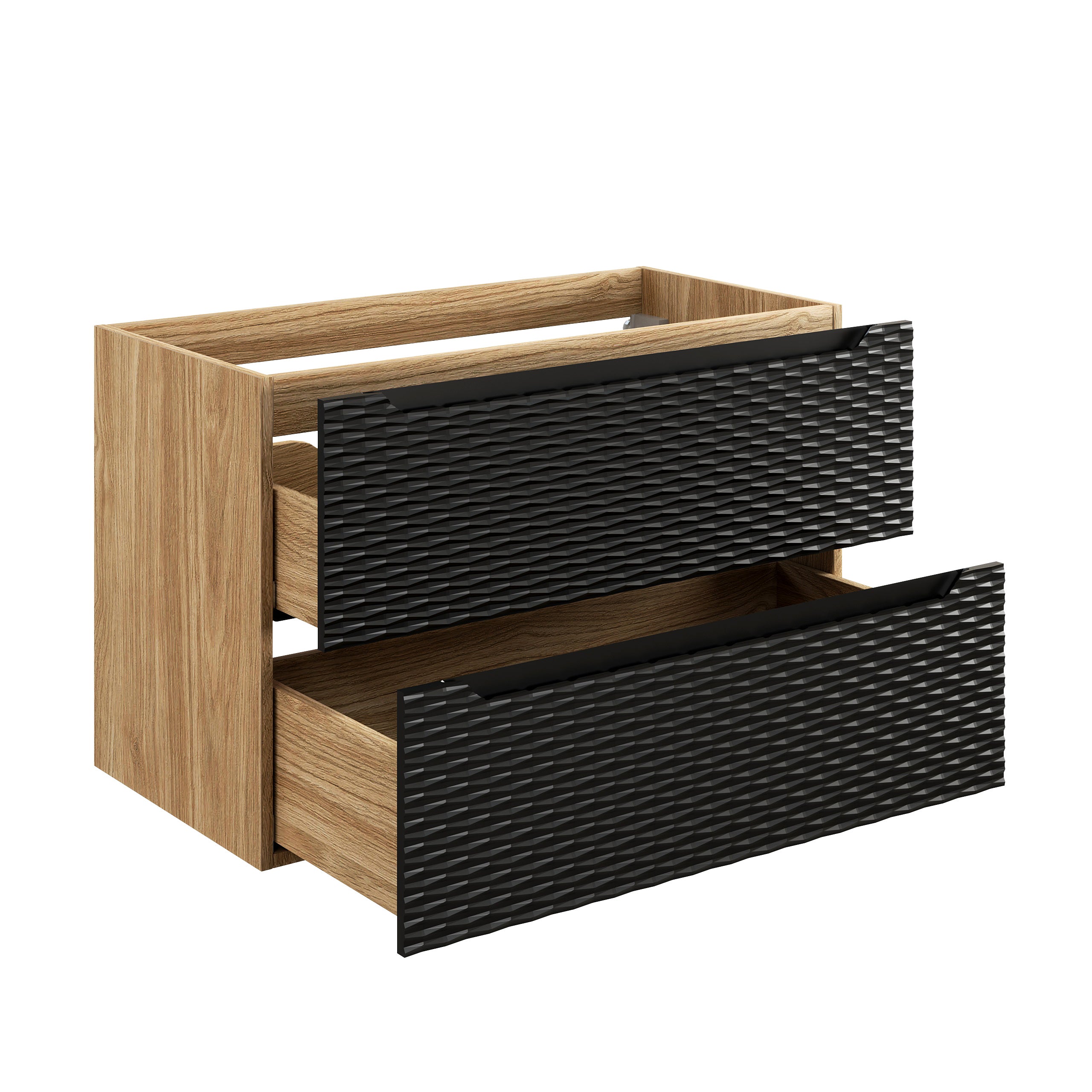 Ocean Unterschrank für Waschbecken, 90 cm, 2 Schubladen Schwarz Matt, Geölte Eiche