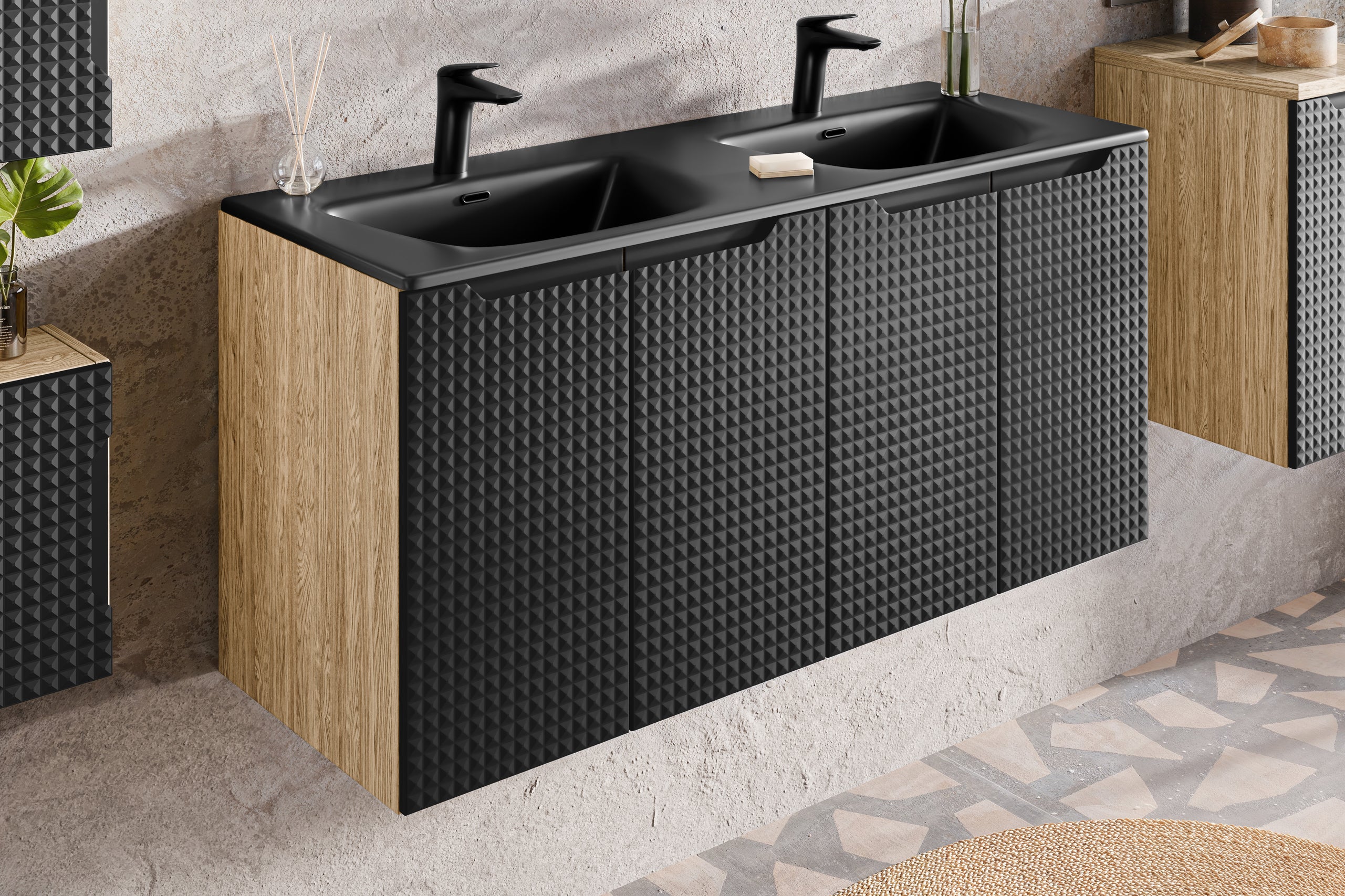 Luxor Waschbeckenunterschrank 60 cm, 2 Türen Schwarz Matt, Geölte Eiche