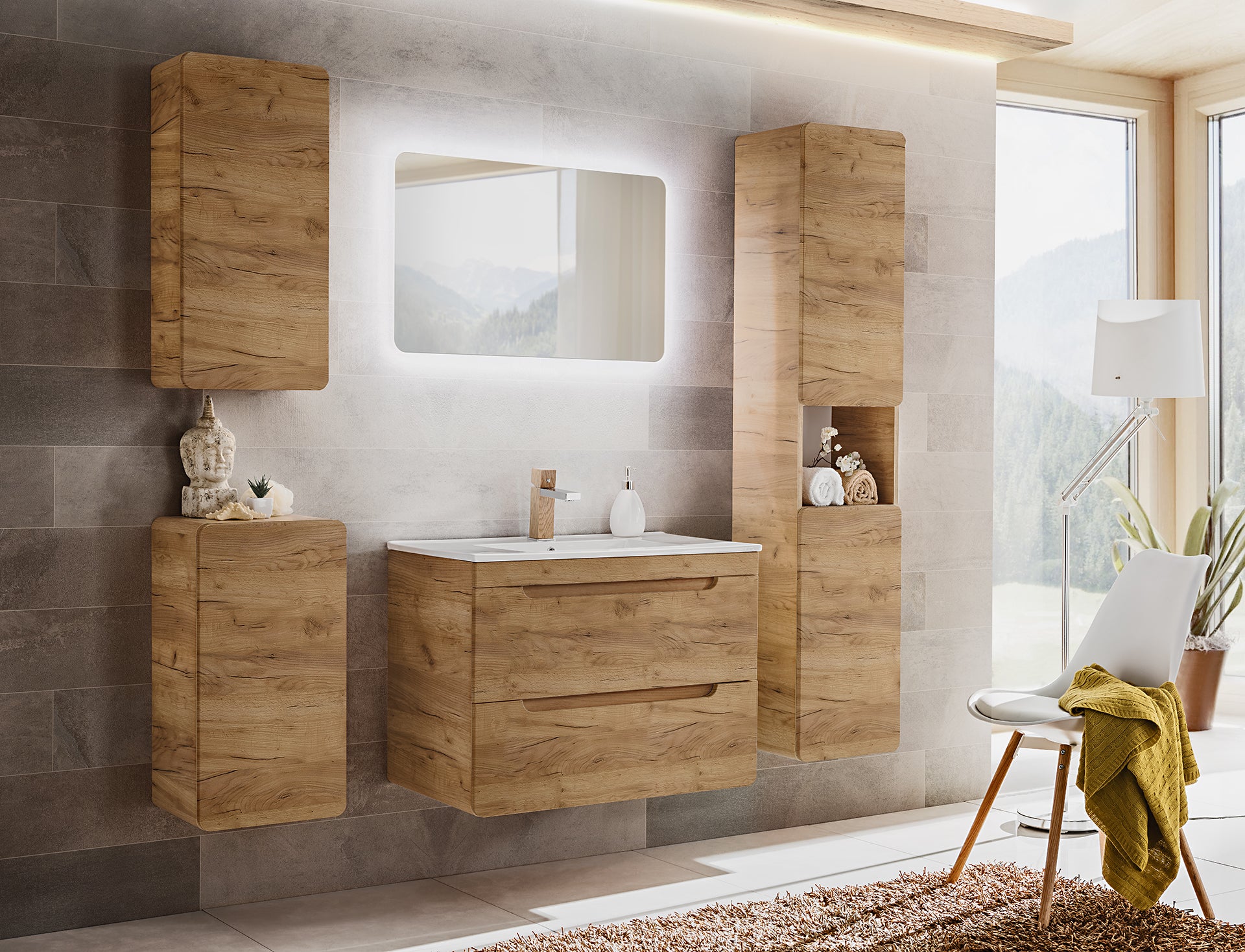 Aruba Unterschrank für Waschbecken, 80 cm, 2 Schubladen Handwerkliche Eiche