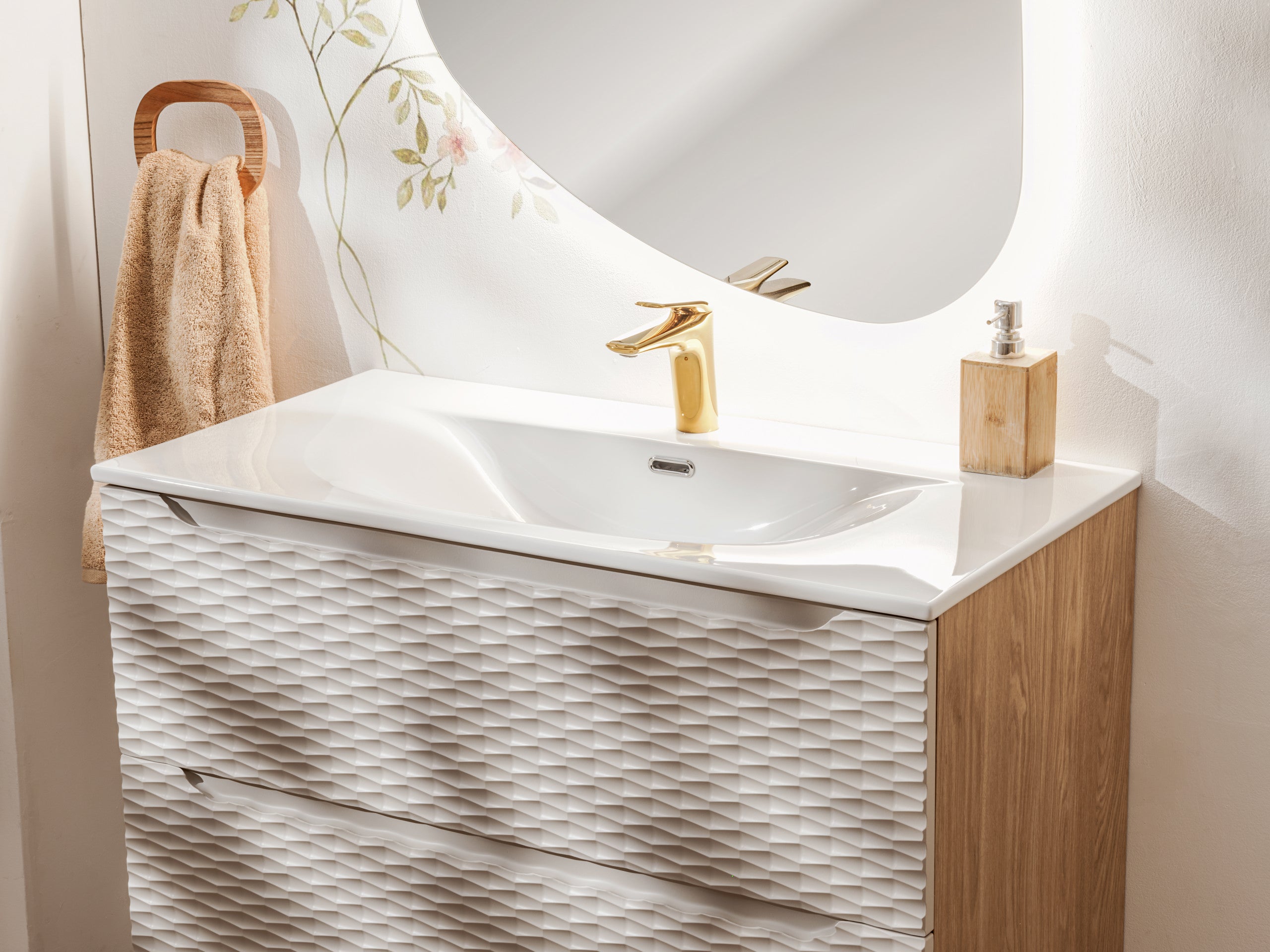 Ocean Unterschrank für Waschbecken, 90 cm, 2 Schubladen Beige, Eiche geölt