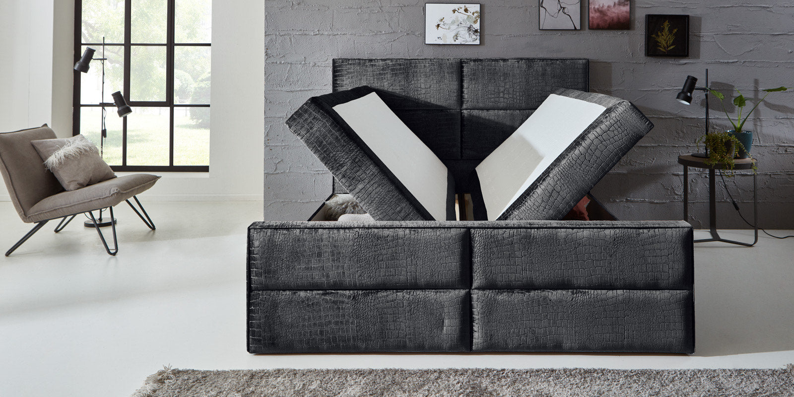 Boxbett Kroko Schwarz | Luxus-Boxbett in Kroko-Optik