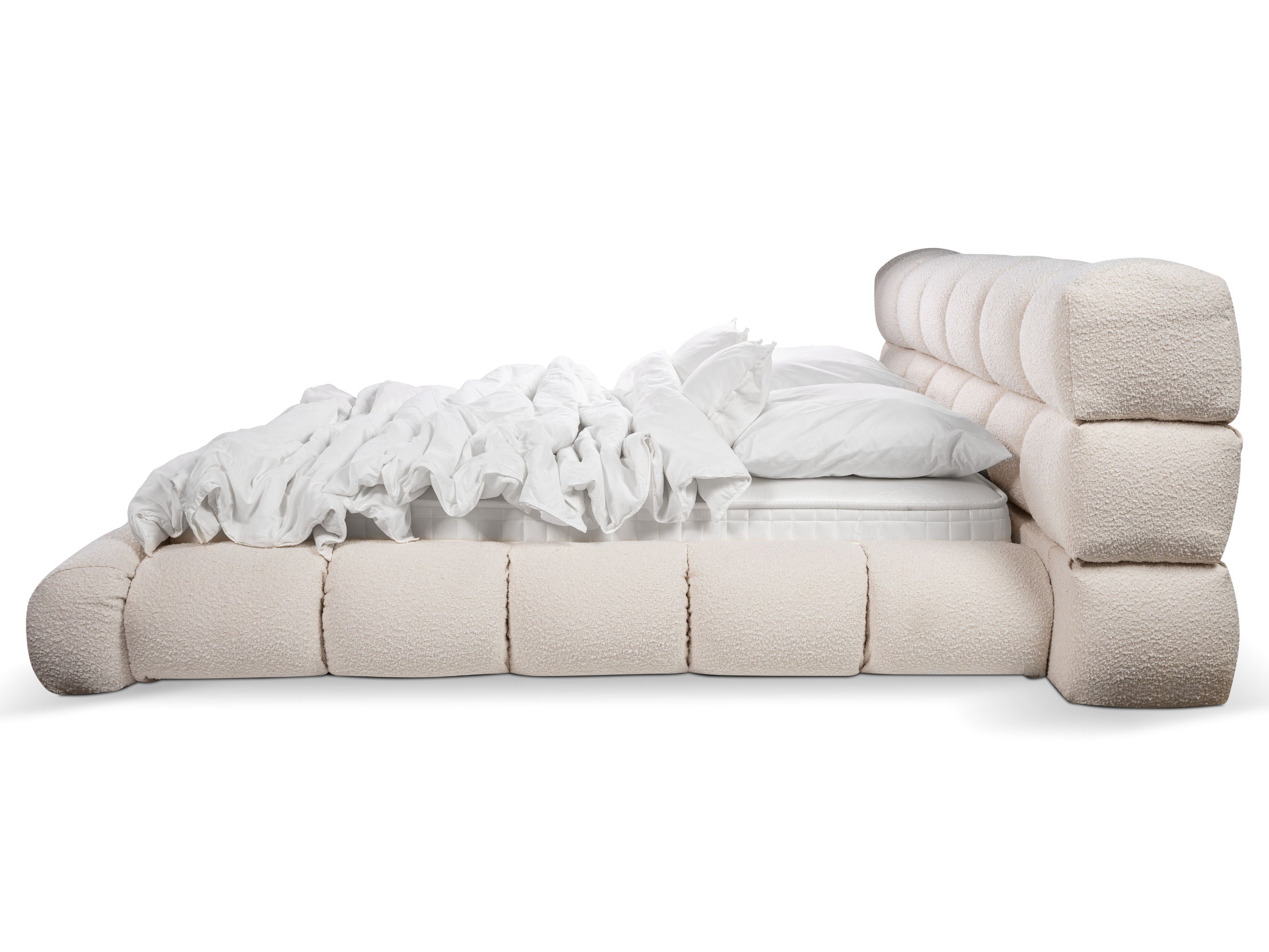 Slow Bett – Design Bouclé Polsterbett in Creme-Weiß