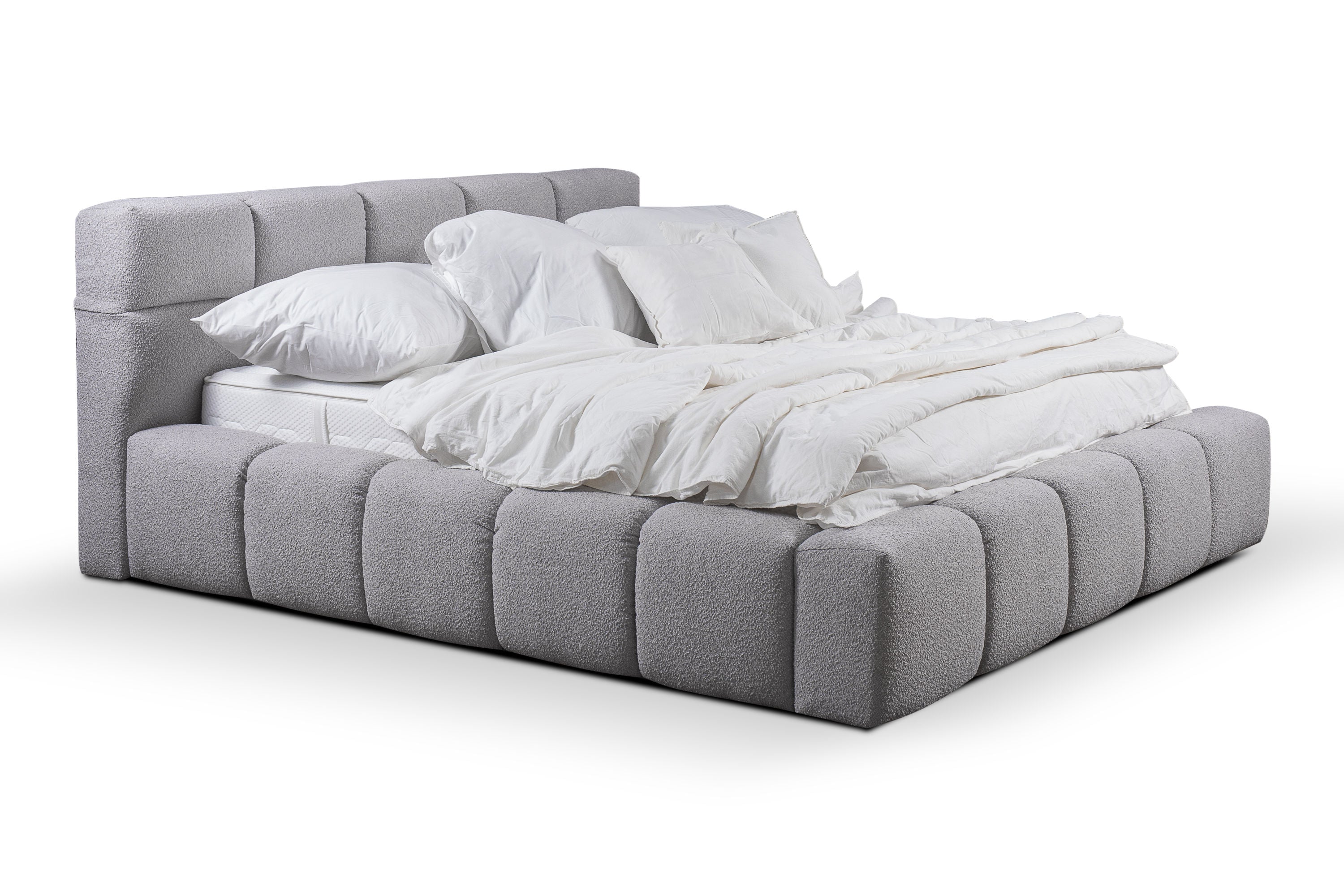 Baloo Lux III – Design Bouclé Polsterbett mit Stauraum