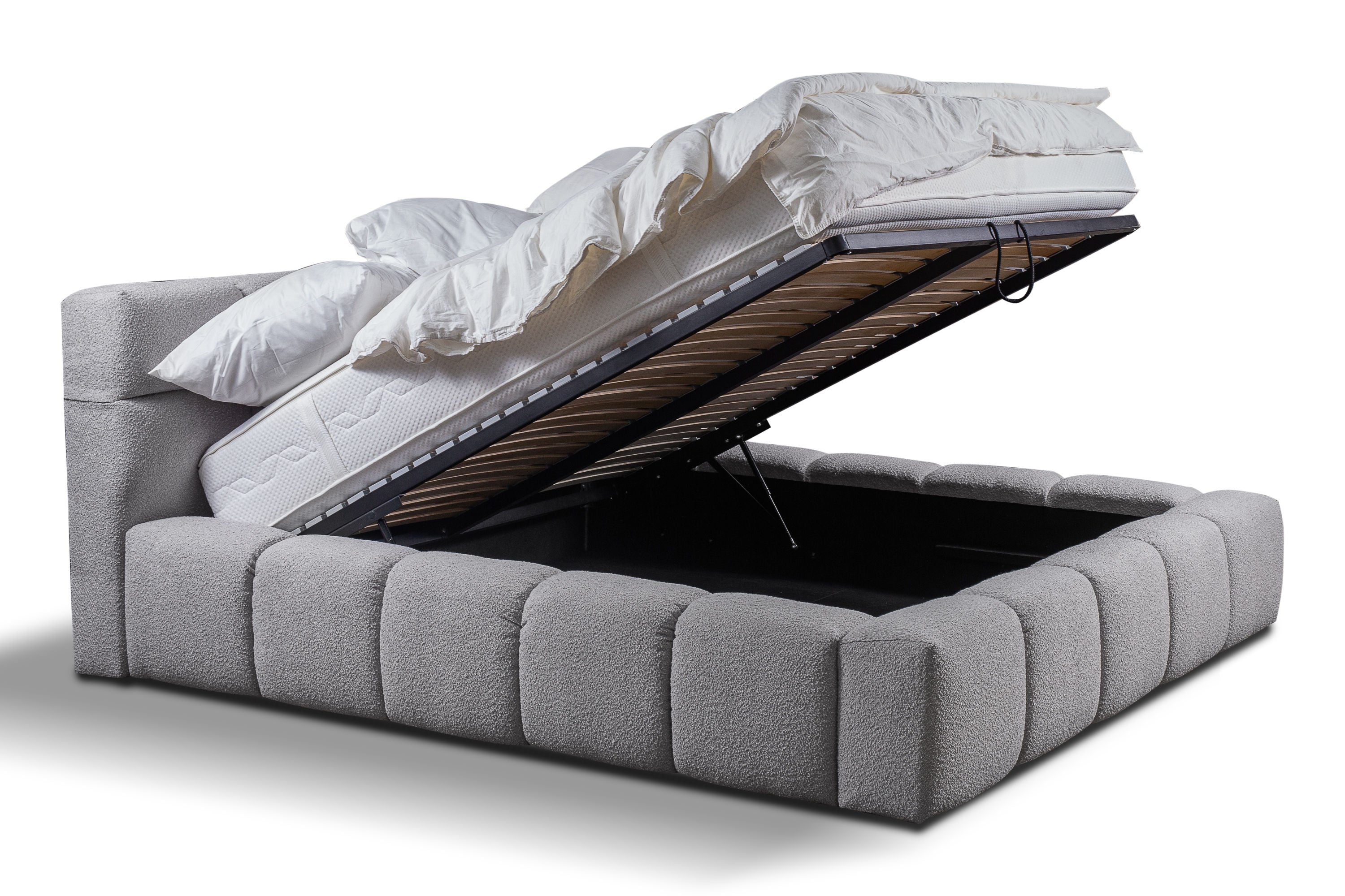 Baloo Lux III – Design Bouclé Polsterbett mit Stauraum