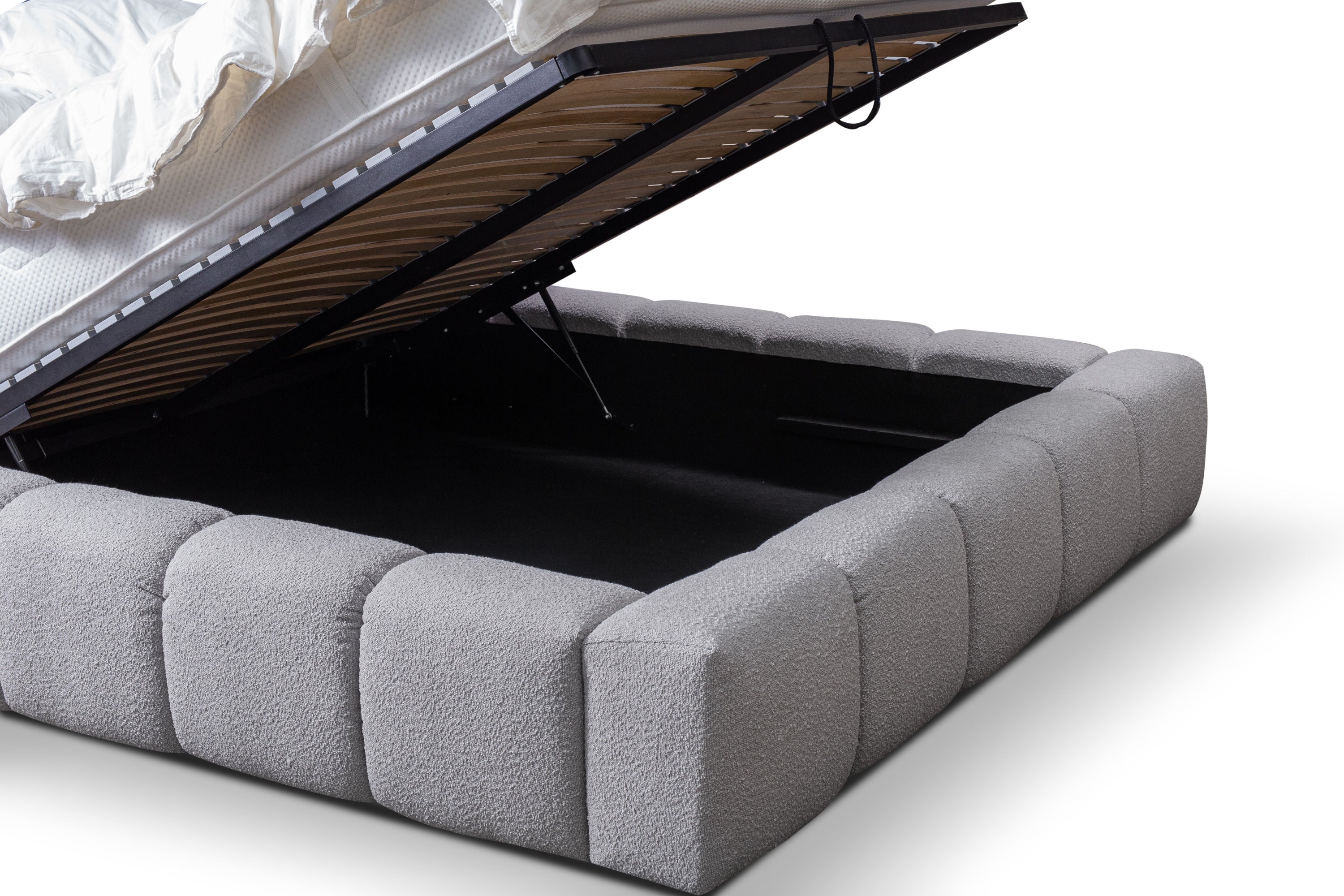 Baloo Lux III – Design Bouclé Polsterbett mit Stauraum