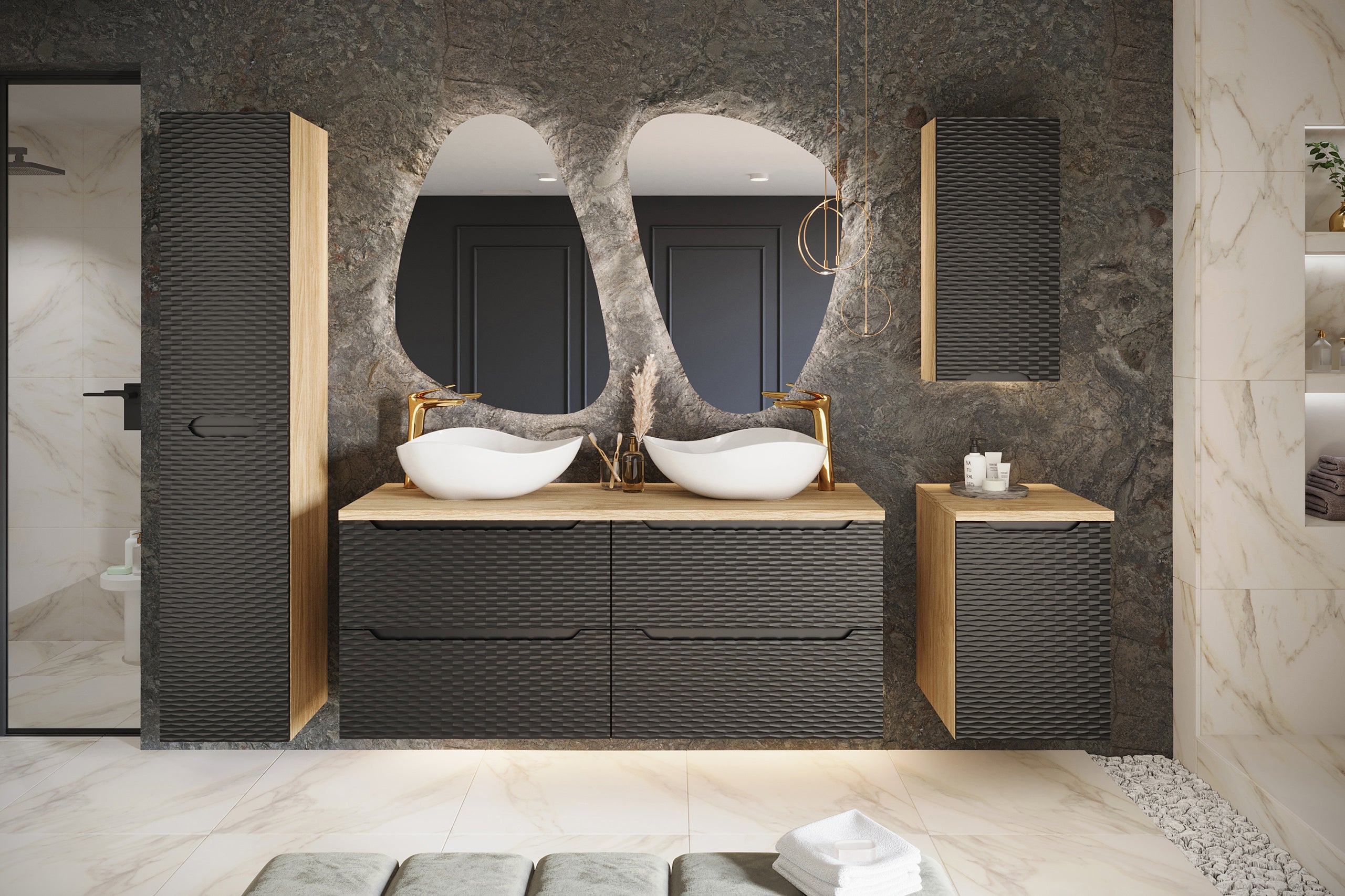 Ocean Unterschrank für Waschbecken, 70 cm, 2 Schubladen Schwarz Matt, Geölte Eiche