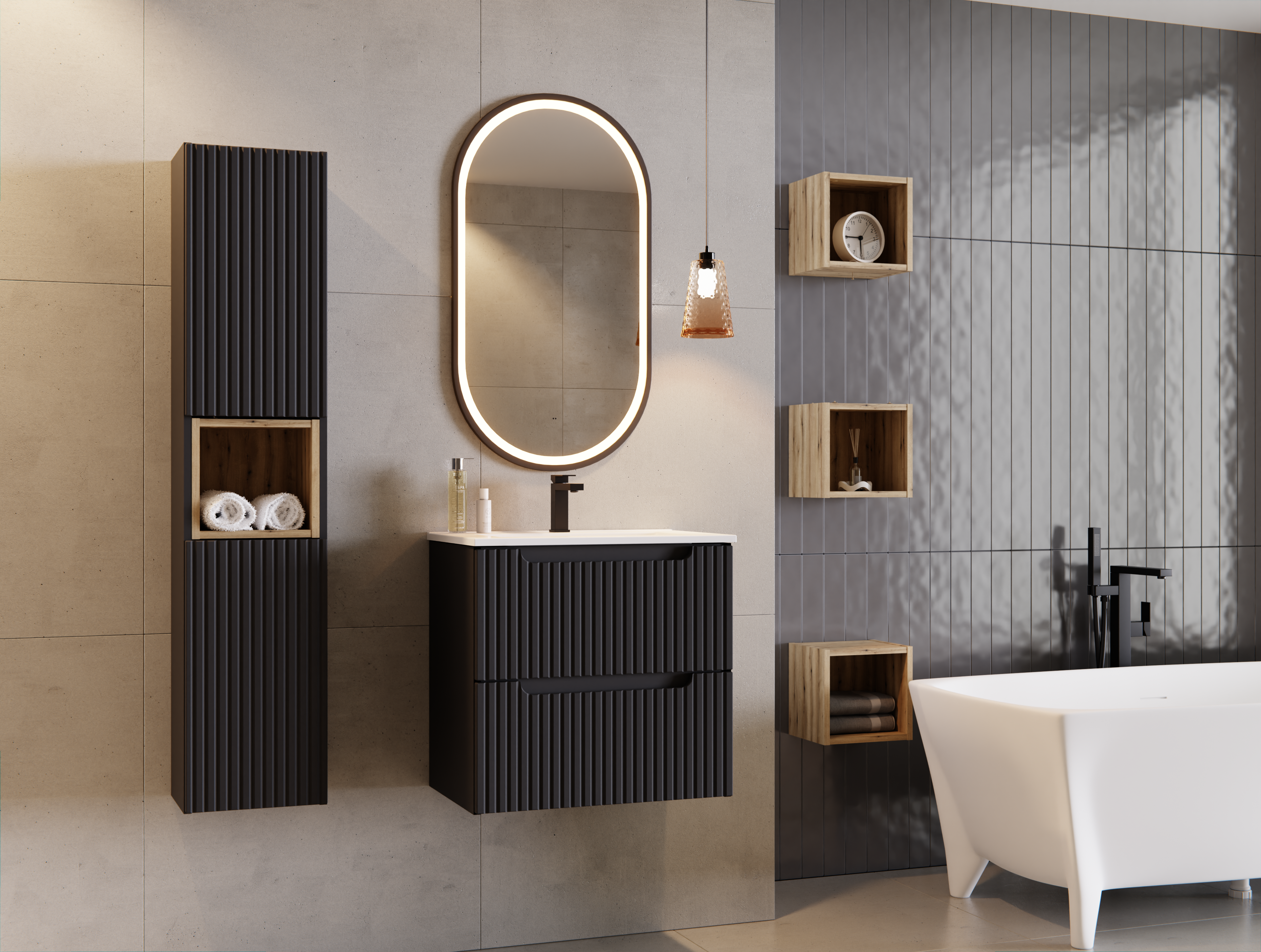 Nova Unterschrank für Waschbecken, 60 cm, 2 Schubladen Schwarz Matt