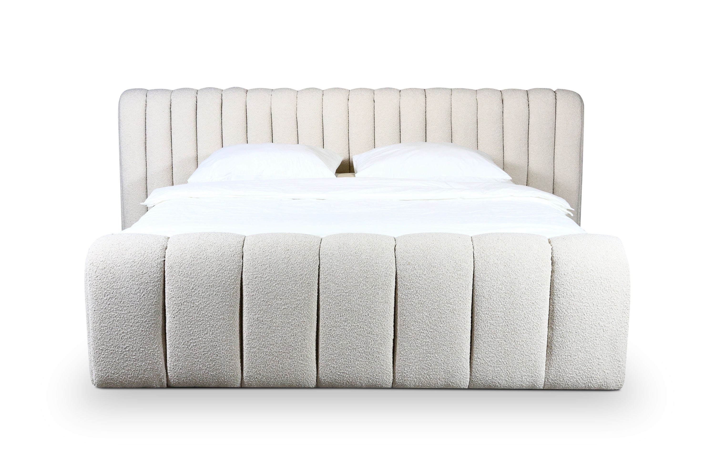 Bado Bett – Design Bouclé Polsterbett mit Stauraum in Creme-Weiß
