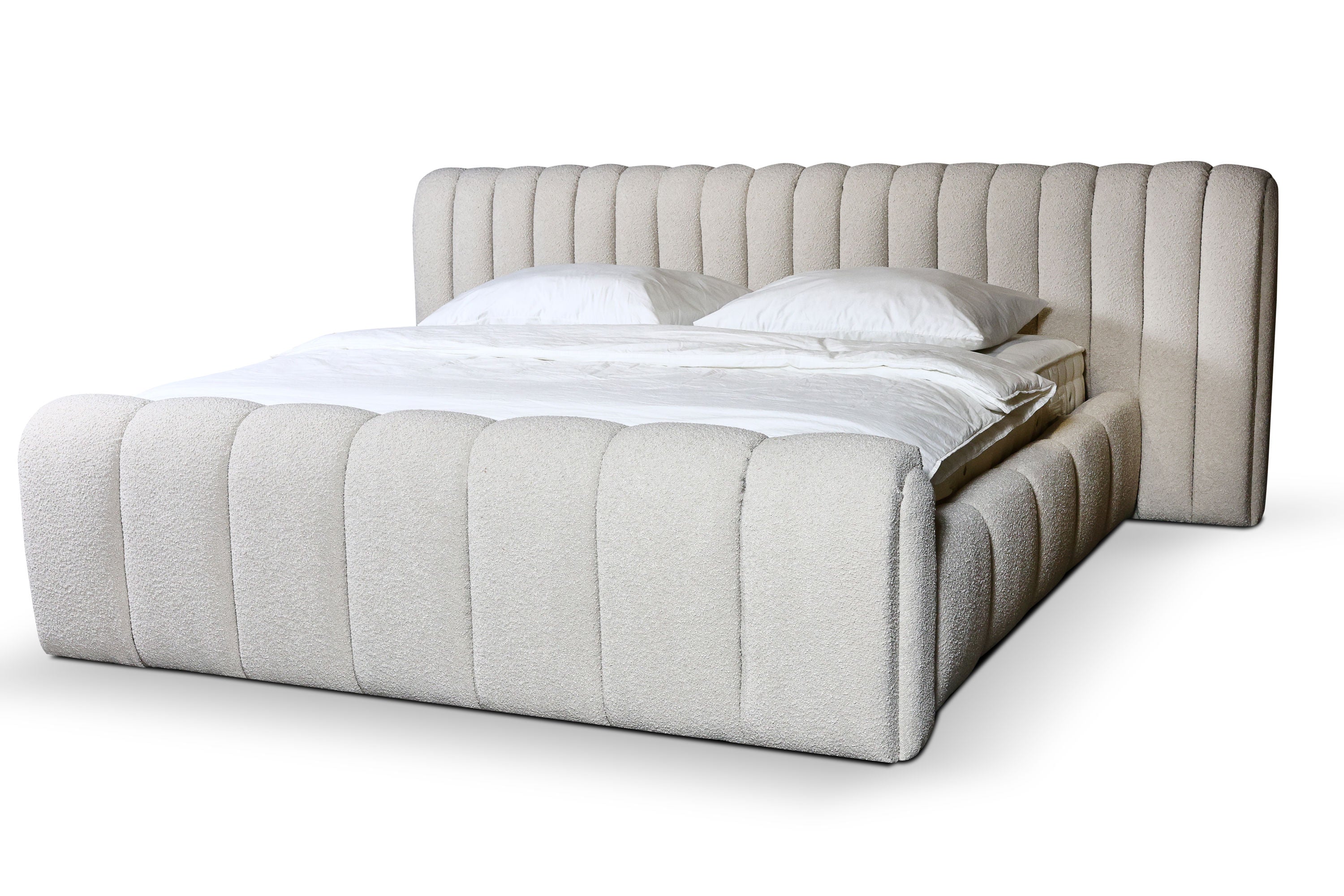 Bado Bett – Design Bouclé Polsterbett mit Stauraum in Creme-Weiß
