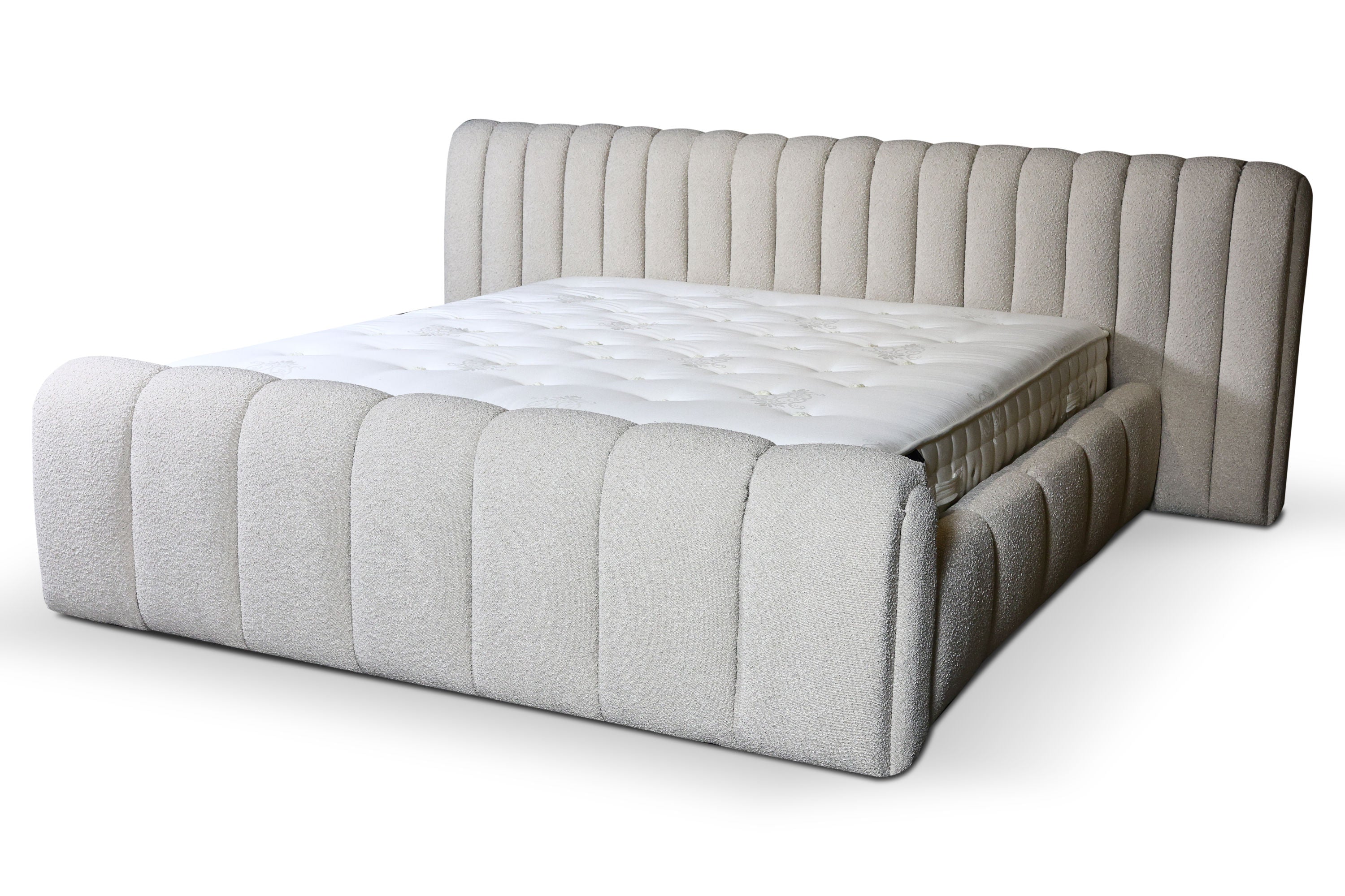 Bado Bett – Design Bouclé Polsterbett mit Stauraum in Creme-Weiß