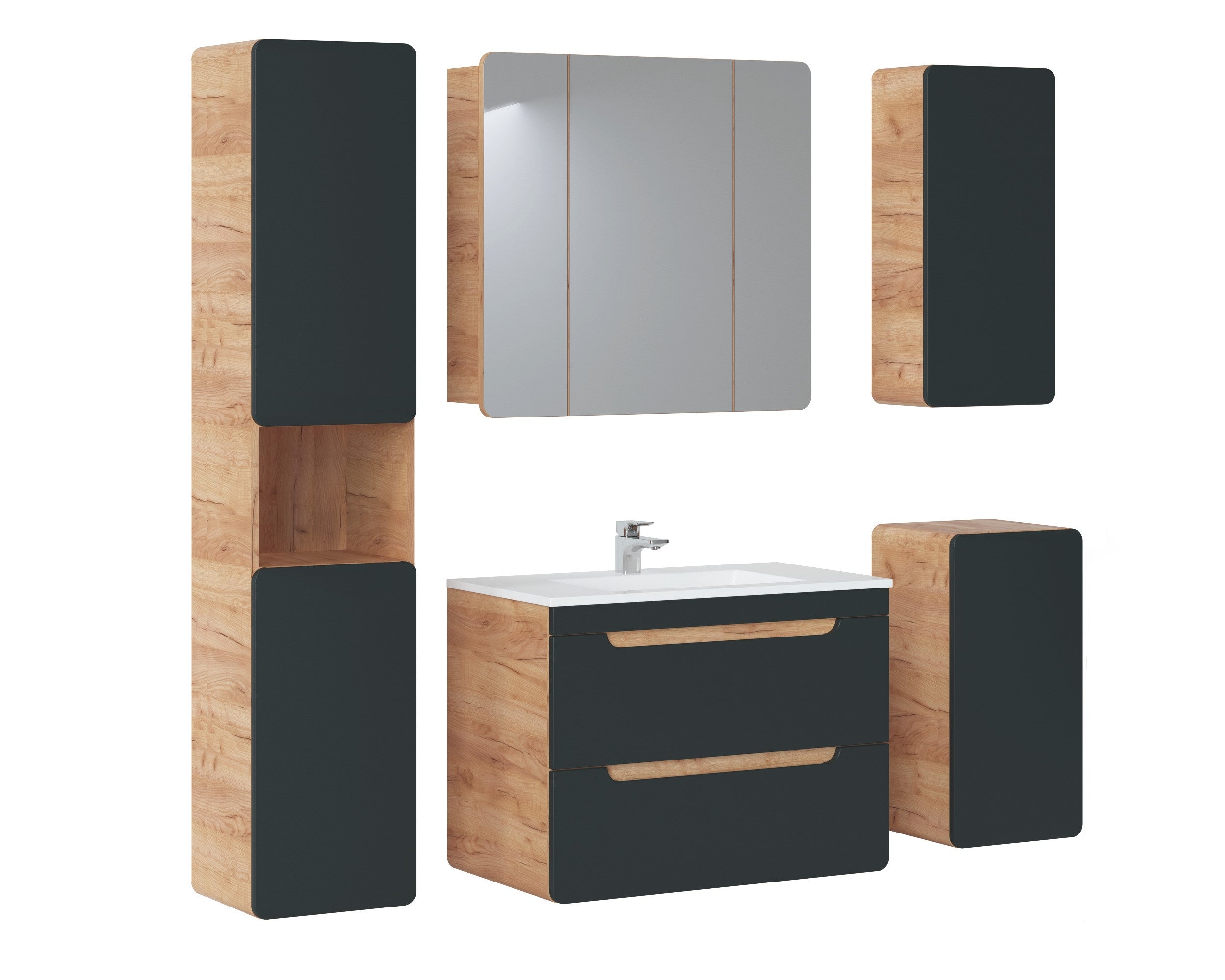 Aruba Unterschrank für Waschbecken, 80 cm, 2 Schubladen Craft Eiche, Cosmos Grey