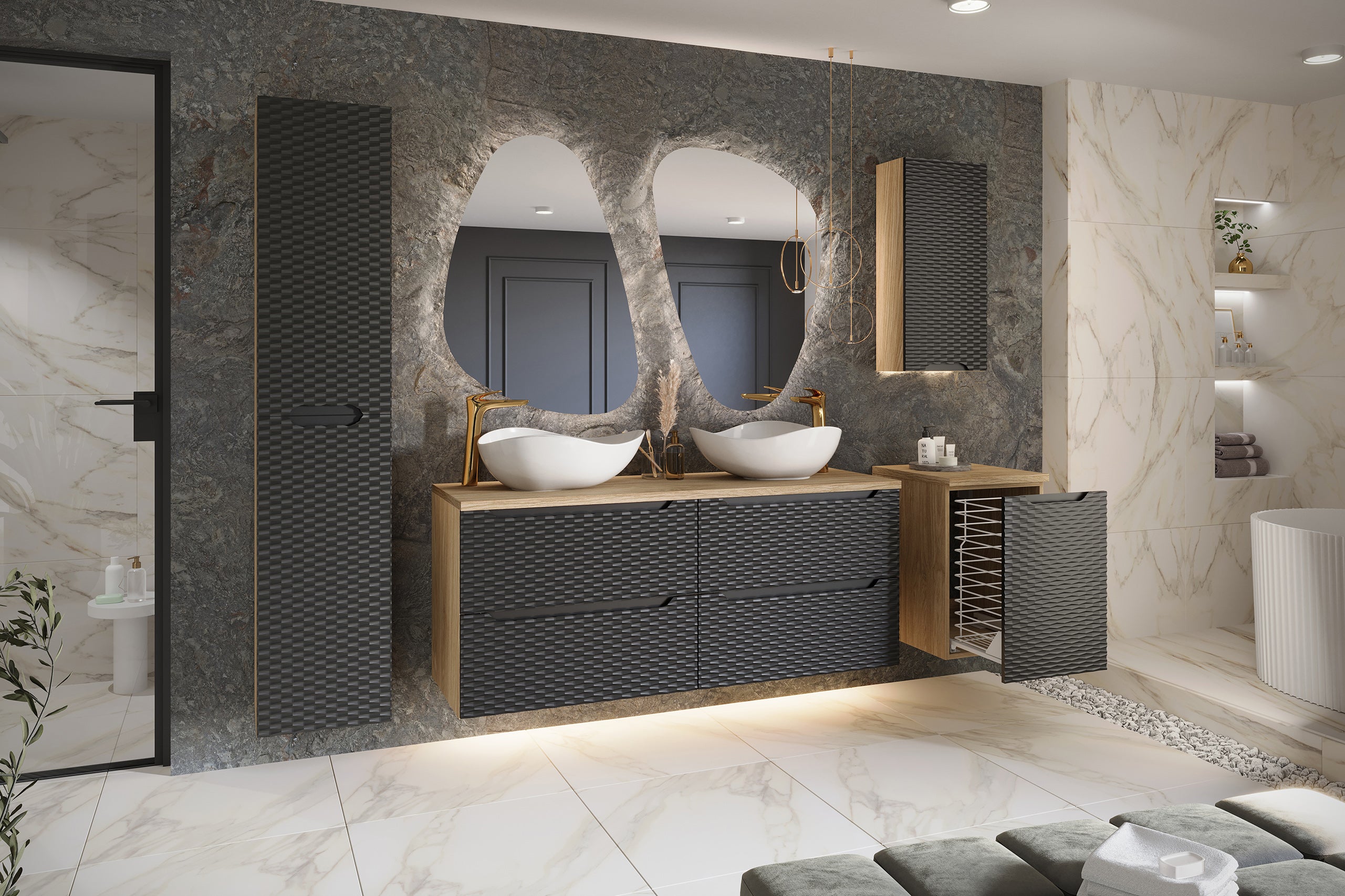 Ocean Unterschrank für Waschbecken, 70 cm, 2 Schubladen Schwarz Matt, Geölte Eiche