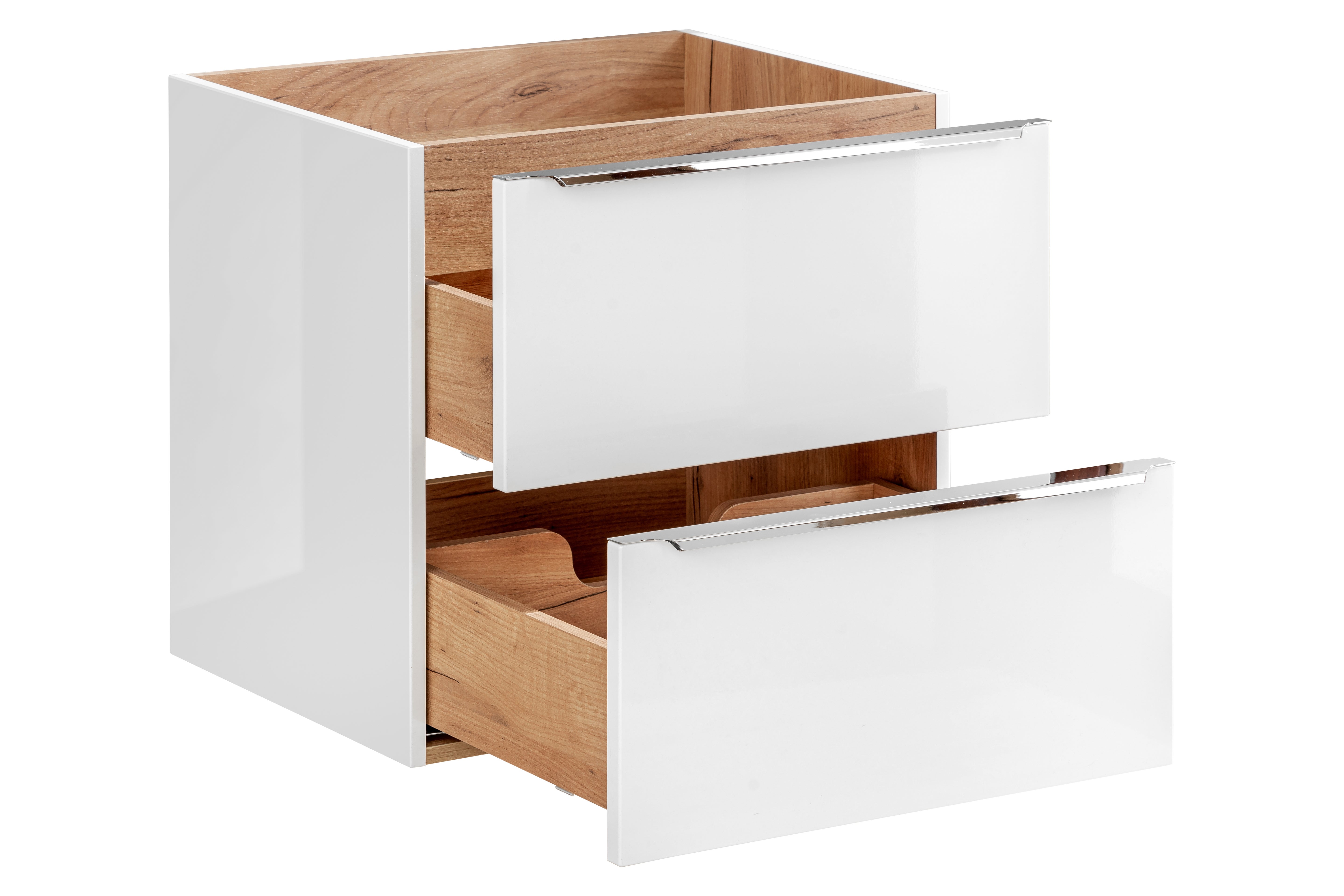 Capri Unterschrank für Waschbecken, 60 cm, 2 Schubladen Weiß glänzend, Golden Craft Oak