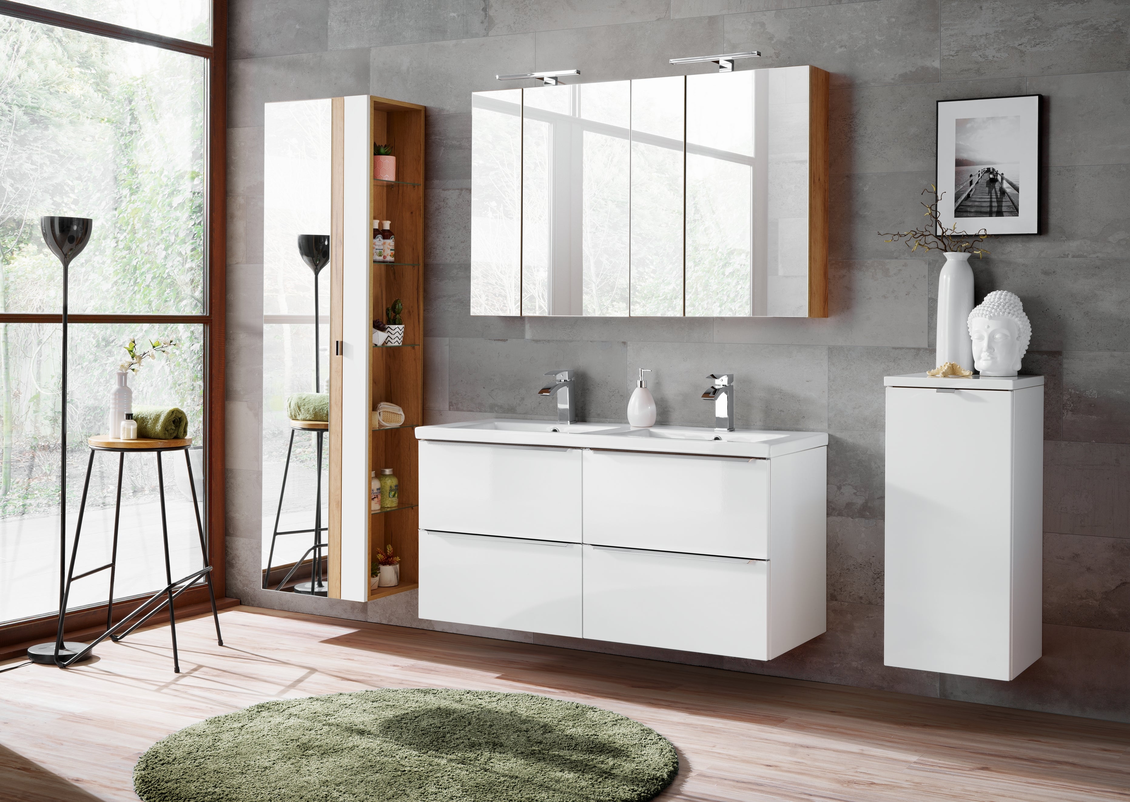 Capri Hochschrank 1 Tür Weiß glänzend, Golden Craft Oak