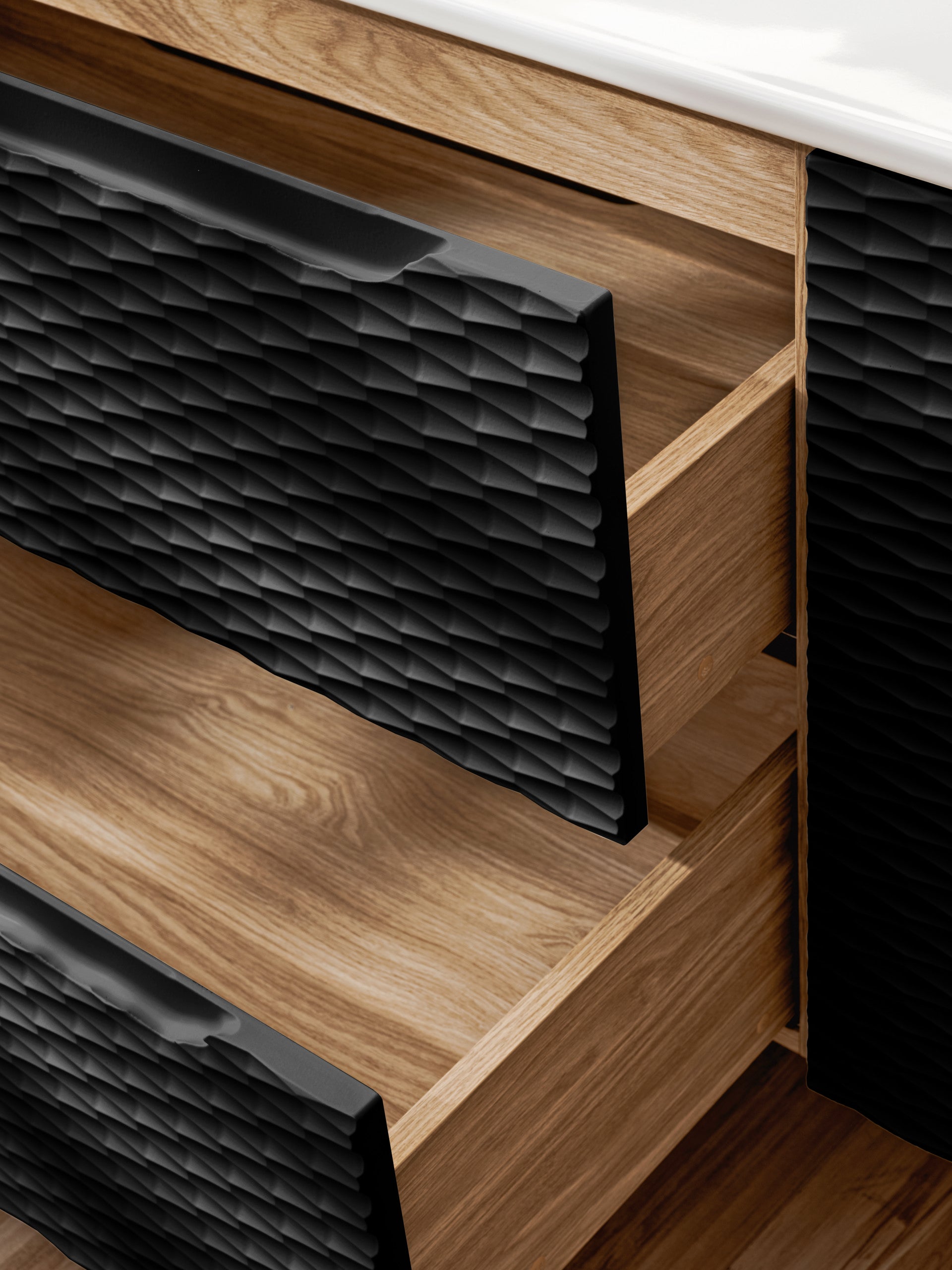 Ocean Waschbeckenunterschrank 80 cm 2 Schubladen Schwarz Matt, Geölte Eiche