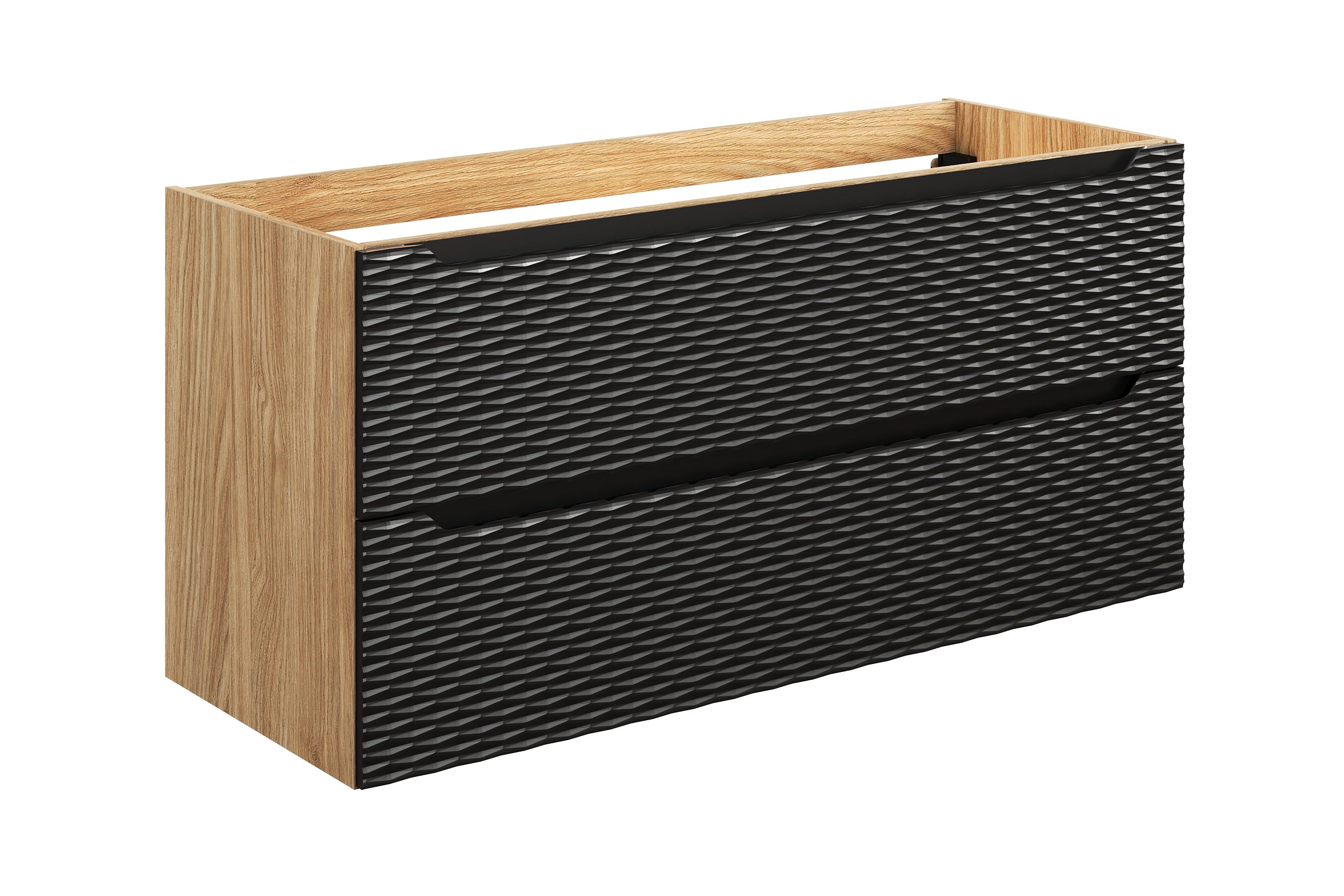 Ocean Unterschrank für Waschbecken, 120 cm, 2 Schubladen Schwarz Matt, Geölte Eiche