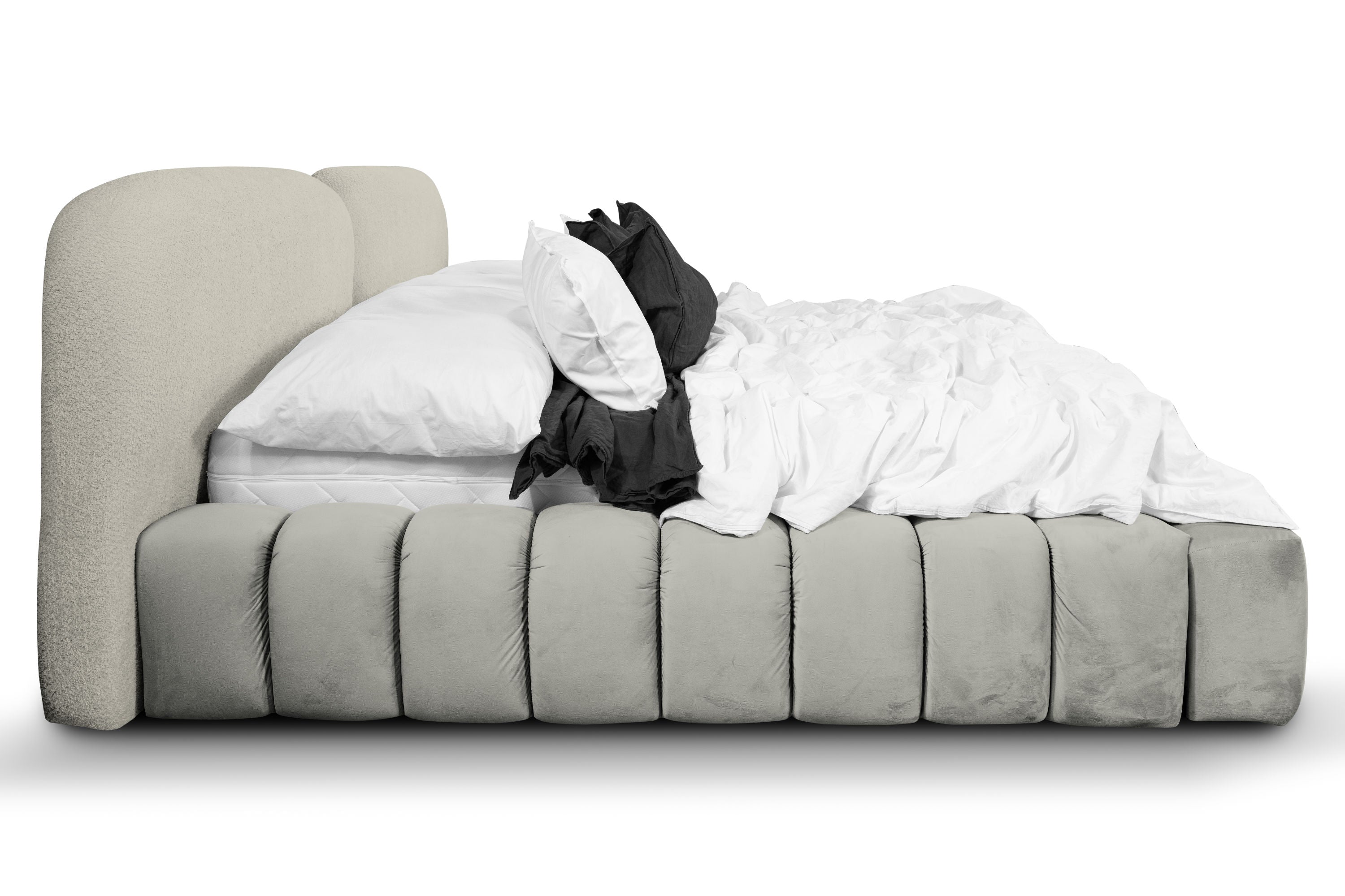 Kimi Bett – Design Polsterbett mit Stauraum in Lichtgrau