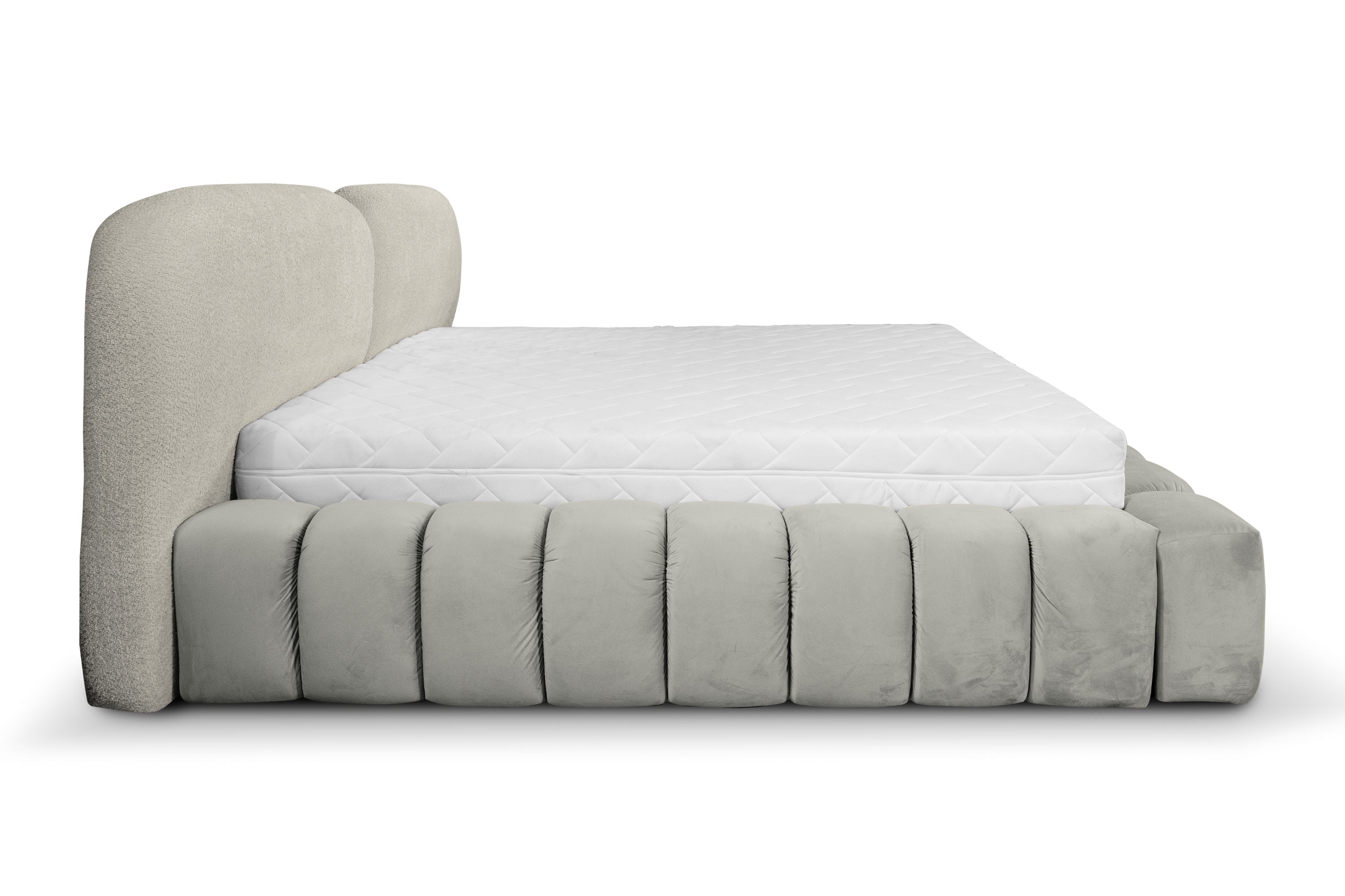 Kimi Bett – Design Polsterbett mit Stauraum in Lichtgrau