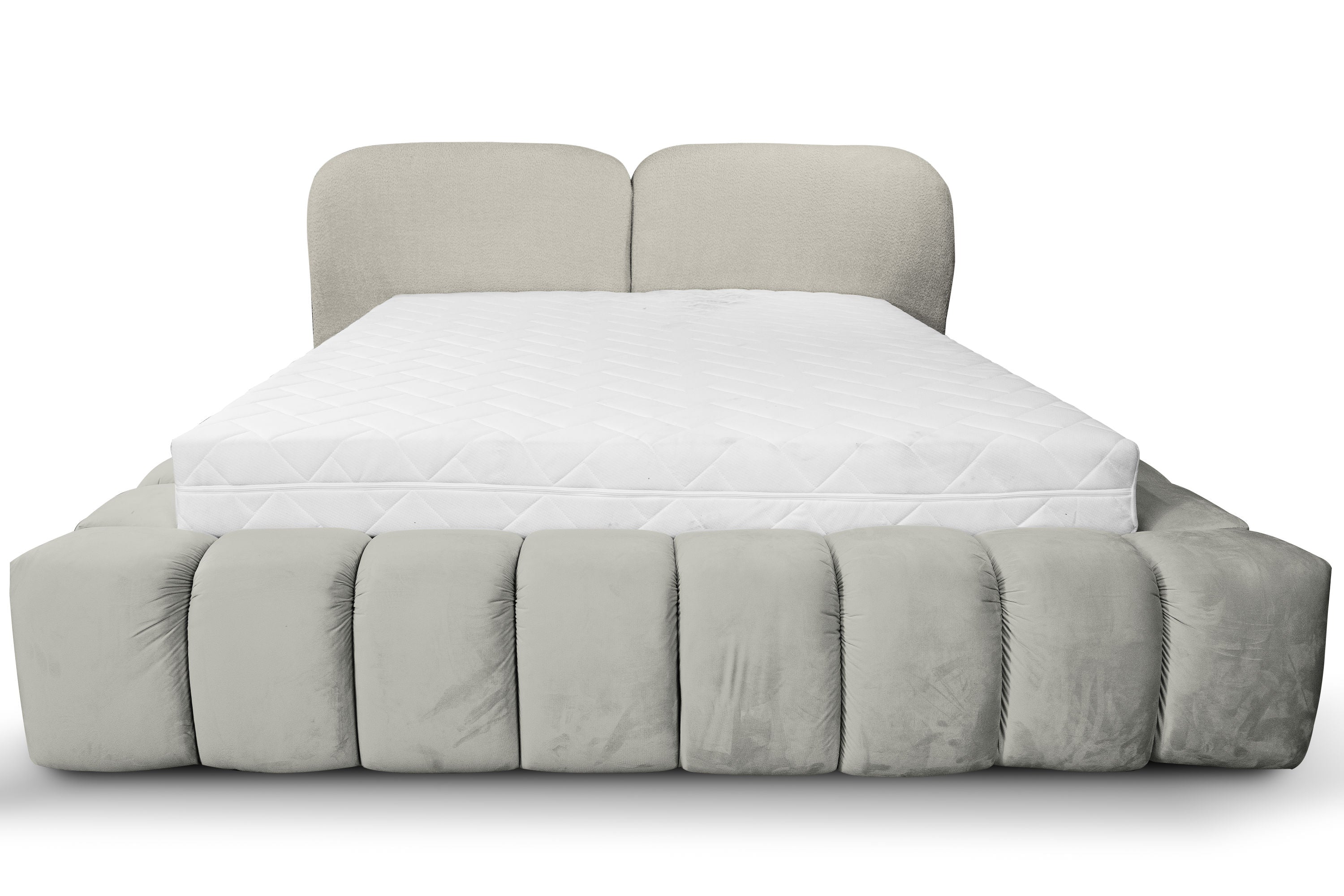 Kimi Bett – Design Polsterbett mit Stauraum in Lichtgrau
