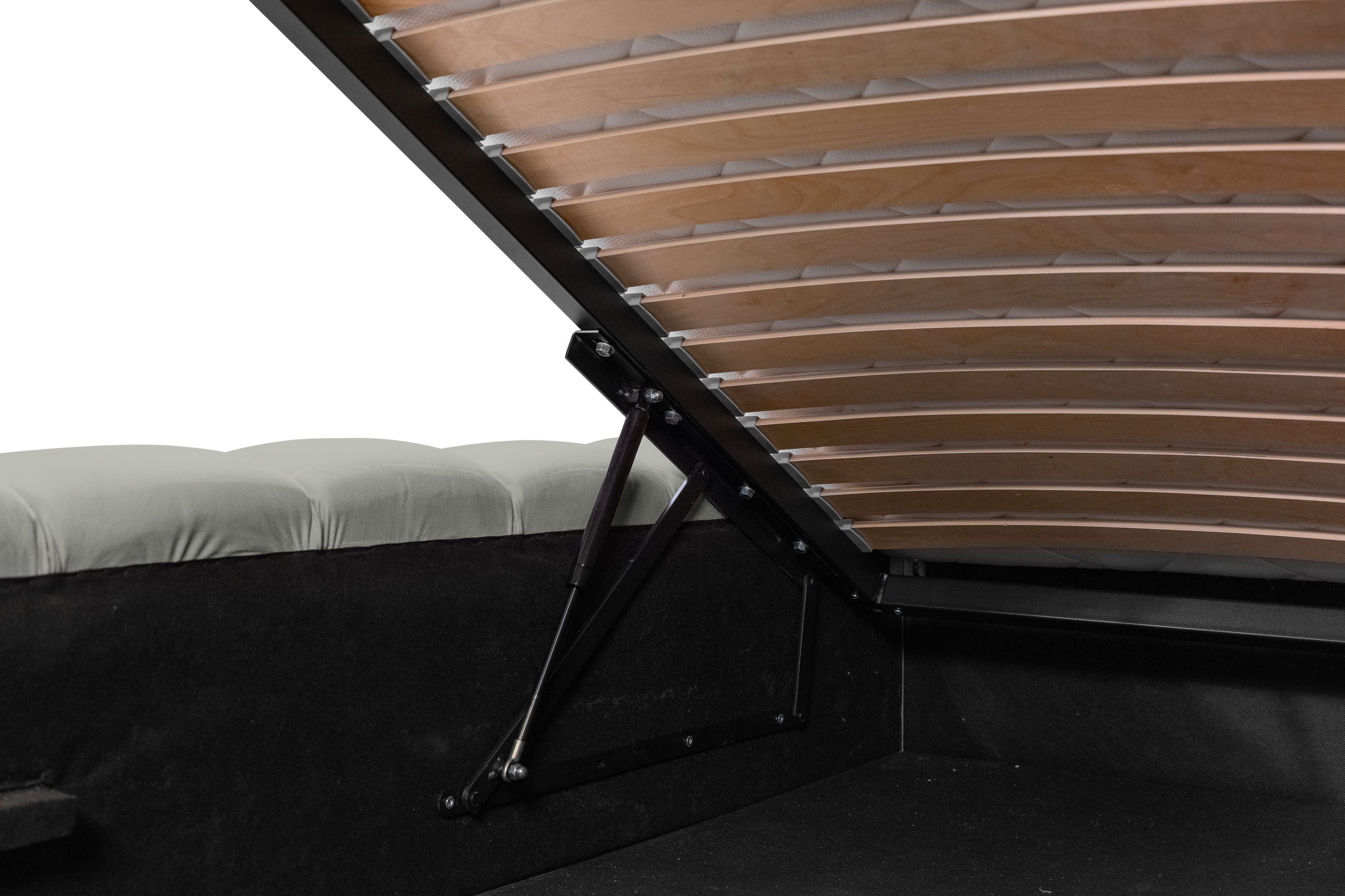 Kimi Bett – Design Polsterbett mit Stauraum in Lichtgrau